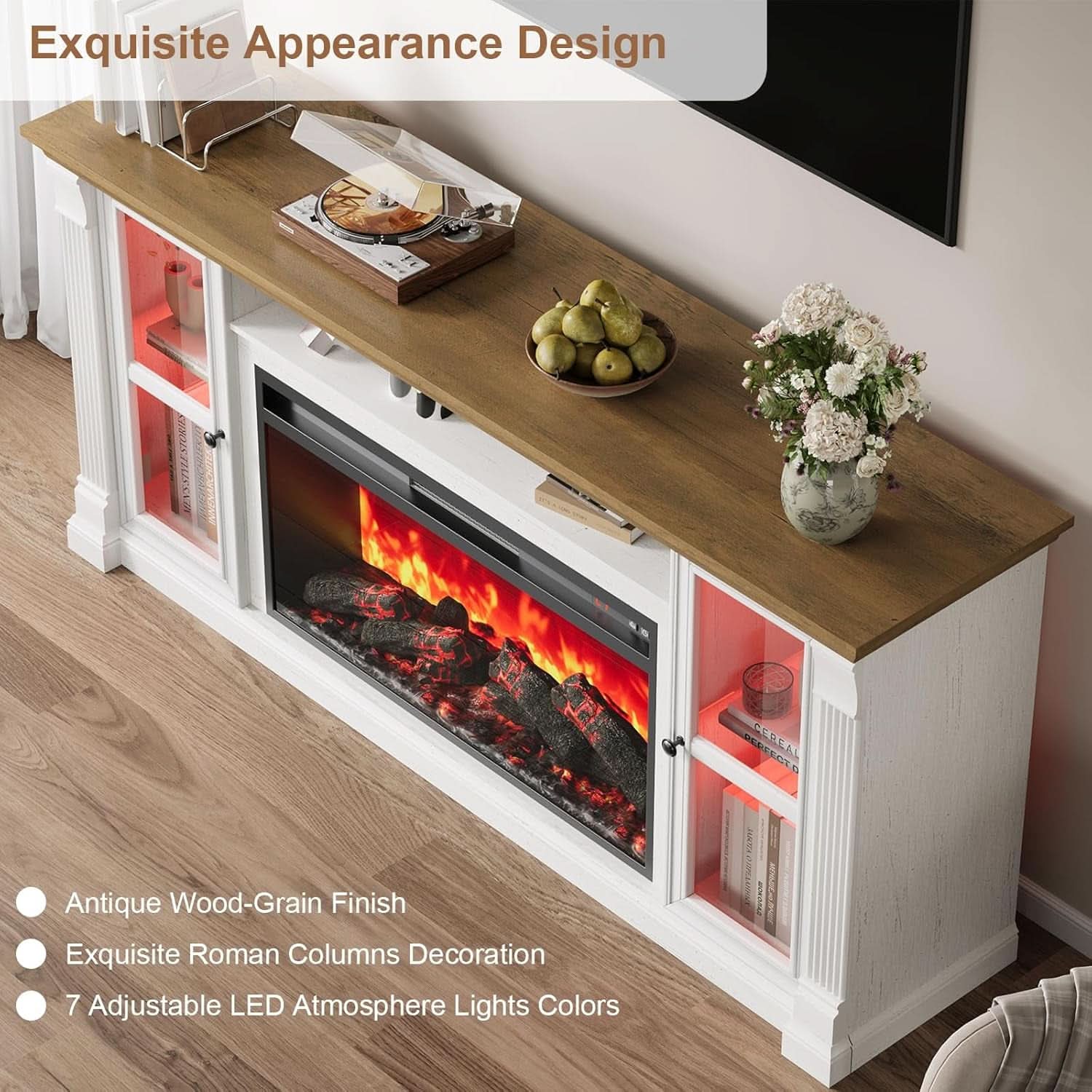 Antique White Seventy Inch TV Stand Electric Fireplace Console