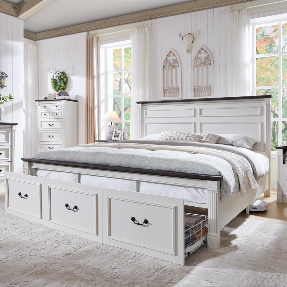 Aitjunz Farmhouse Queen Size Bed Frame with 51" Tall Headboard, Wood Platform Bed Frame with 20" Tall Roman Column Decoration Footboard & 2 Large Storage Drawers, No Box Spring Needed (Light Grey)