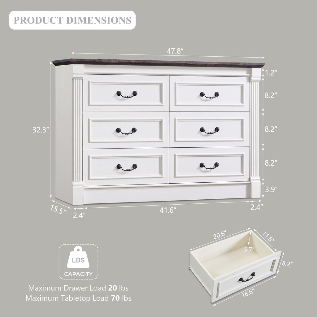 Aitjunz 5 Drawers Dresser for Bedroom, Farmhouse 46" Tall Dressers & Chests of Drawers w/Roman Column, Wood Rustic Closet Dresser w/Two Different Drawer Sizes for Bedroom, Living Room, Light Grey