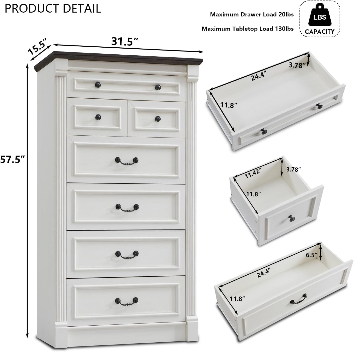 Aitjunz 5 Drawers Dresser for Bedroom, Farmhouse 46" Tall Dressers & Chests of Drawers w/Roman Column, Wood Rustic Closet Dresser w/Two Different Drawer Sizes for Bedroom, Living Room, Light Grey