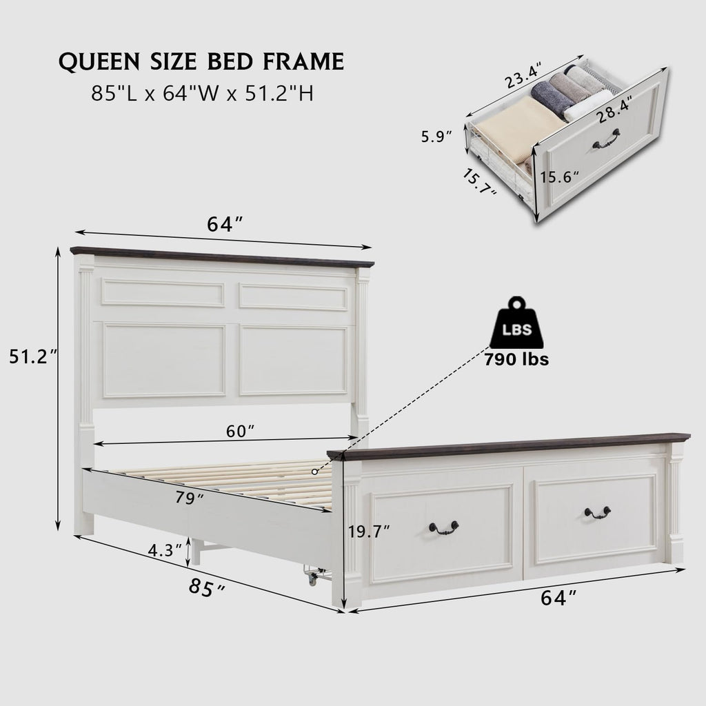 Aitjunz Farmhouse Queen Size Bed Frame with 51" Tall Headboard, Wood Platform Bed Frame with 20" Tall Roman Column Decoration Footboard & 2 Large Storage Drawers, No Box Spring Needed (Light Grey)