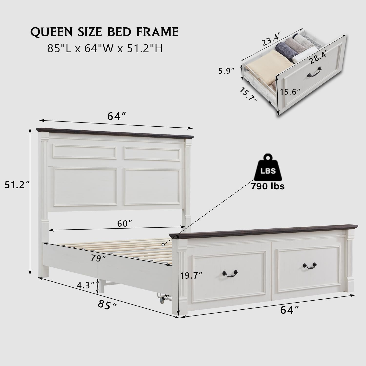 Aitjunz Farmhouse Queen Size Bed Frame with 51" Tall Headboard, Wood Platform Bed Frame with 20" Tall Roman Column Decoration Footboard & 2 Large Storage Drawers, No Box Spring Needed (Light Grey)