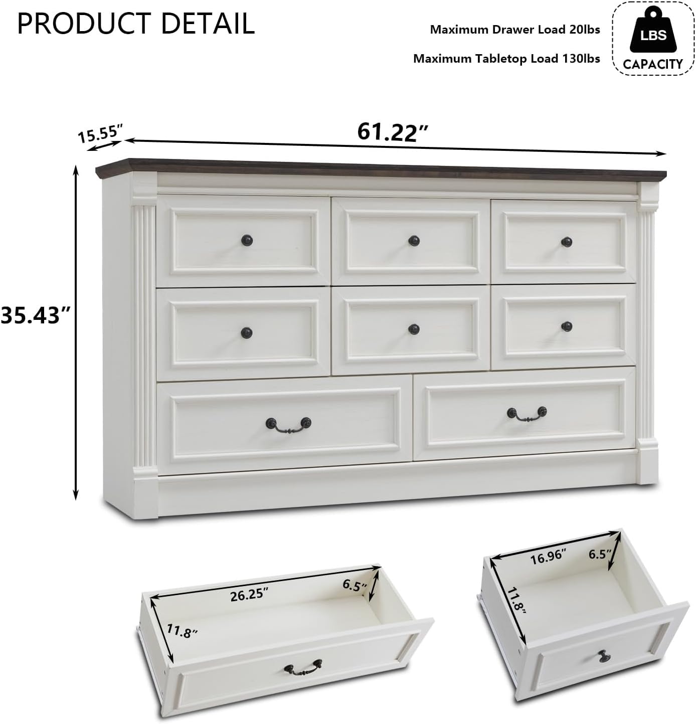 Aitjunz 5 Drawers Dresser for Bedroom, Farmhouse 46" Tall Dressers & Chests of Drawers w/Roman Column, Wood Rustic Closet Dresser w/Two Different Drawer Sizes for Bedroom, Living Room, Light Grey
