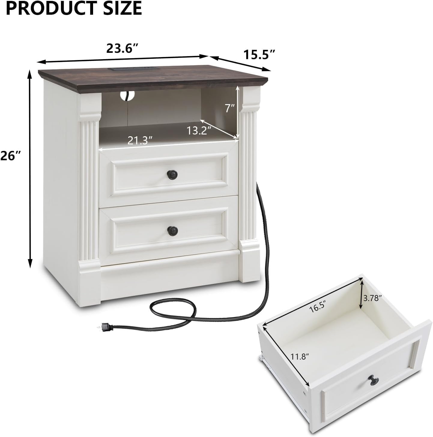 Aitjunz 26" Tall Farmhouse Nightstand Set of 2, 3 Drawers End Table w/Charging Station, 23.6" Wide Large Side Table w/Roman Column, Wood Rustic Sofa Table for Bedroom, Light Gray
