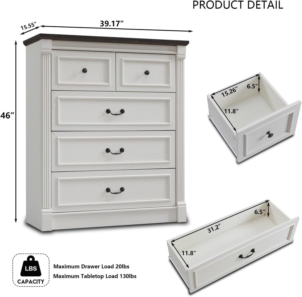 Aitjunz 5 Drawers Dresser for Bedroom, Farmhouse 46" Tall Dressers & Chests of Drawers w/Roman Column, Wood Rustic Closet Dresser w/Two Different Drawer Sizes for Bedroom, Living Room, Light Grey