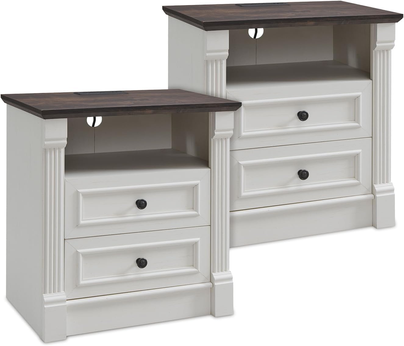 Aitjunz 26" Tall Farmhouse Nightstand Set of 2, 3 Drawers End Table w/Charging Station, 23.6" Wide Large Side Table w/Roman Column, Wood Rustic Sofa Table for Bedroom, Light Gray