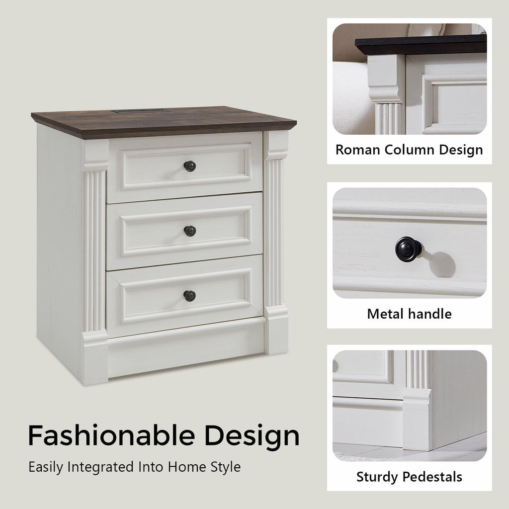 Aitjunz 26" Tall Farmhouse Nightstand Set of 2, 3 Drawers End Table w/Charging Station, 23.6" Wide Large Side Table w/Roman Column, Wood Rustic Sofa Table for Bedroom, Light Gray