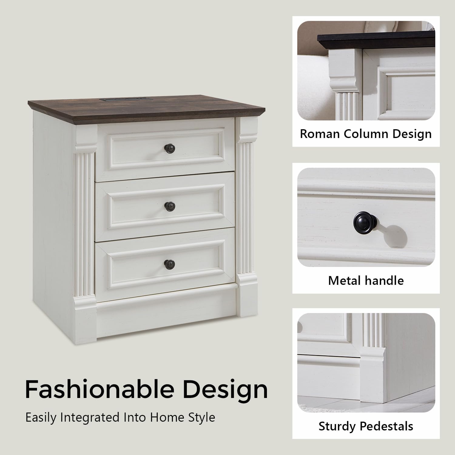 Aitjunz 26" Tall Farmhouse Nightstand Set of 2, 3 Drawers End Table w/Charging Station, 23.6" Wide Large Side Table w/Roman Column, Wood Rustic Sofa Table for Bedroom, Light Gray