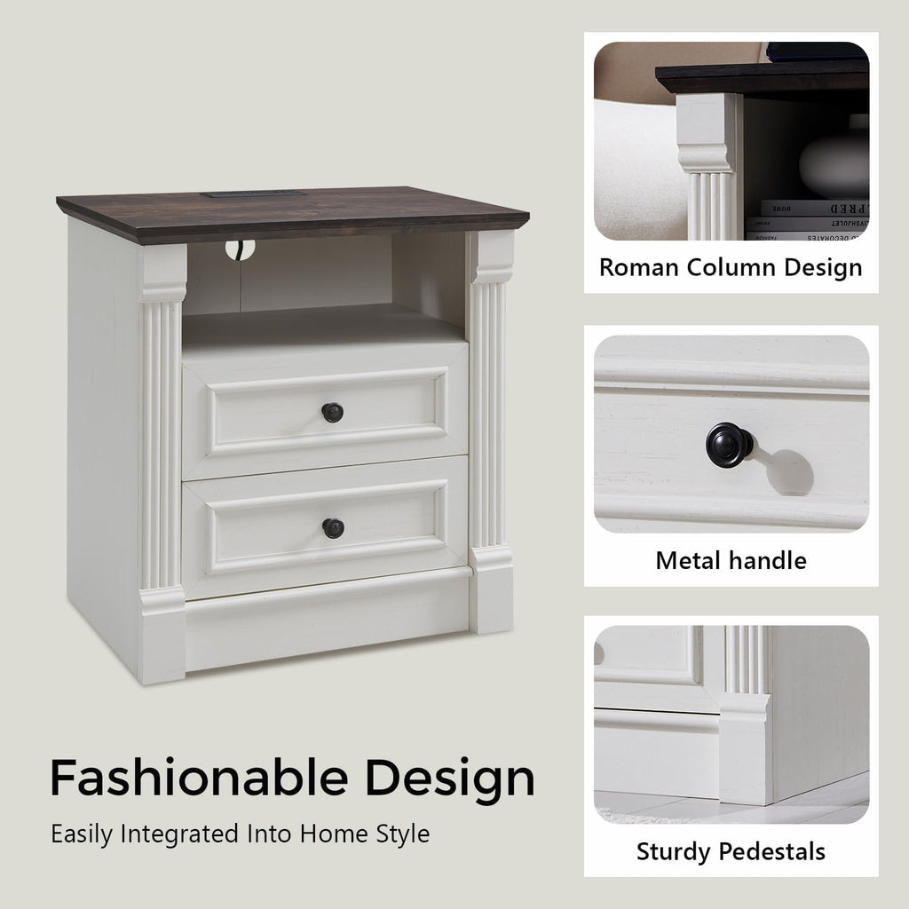 Aitjunz 26" Tall Farmhouse Nightstand Set of 2, 3 Drawers End Table w/Charging Station, 23.6" Wide Large Side Table w/Roman Column, Wood Rustic Sofa Table for Bedroom, Light Gray