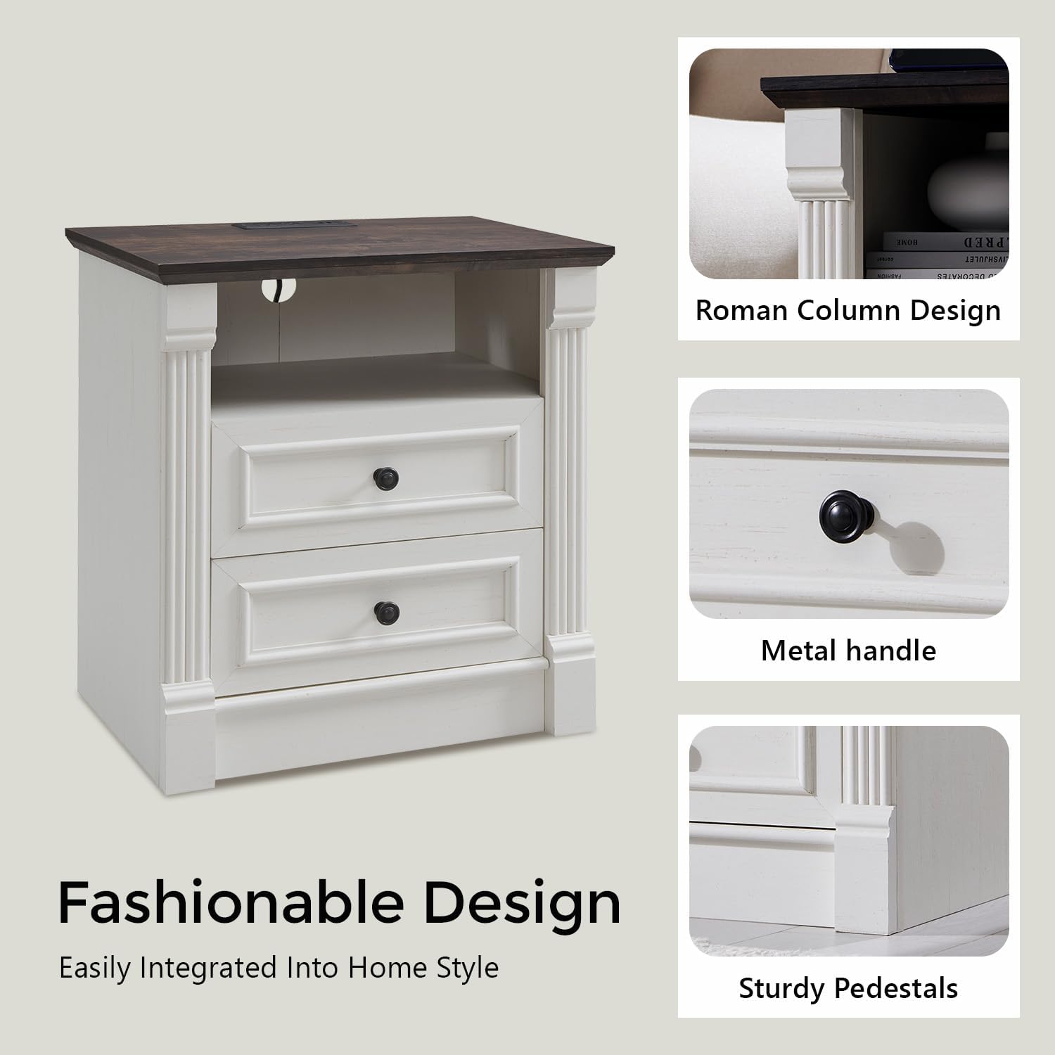 Aitjunz 26" Tall Farmhouse Nightstand Set of 2, 3 Drawers End Table w/Charging Station, 23.6" Wide Large Side Table w/Roman Column, Wood Rustic Sofa Table for Bedroom, Light Gray