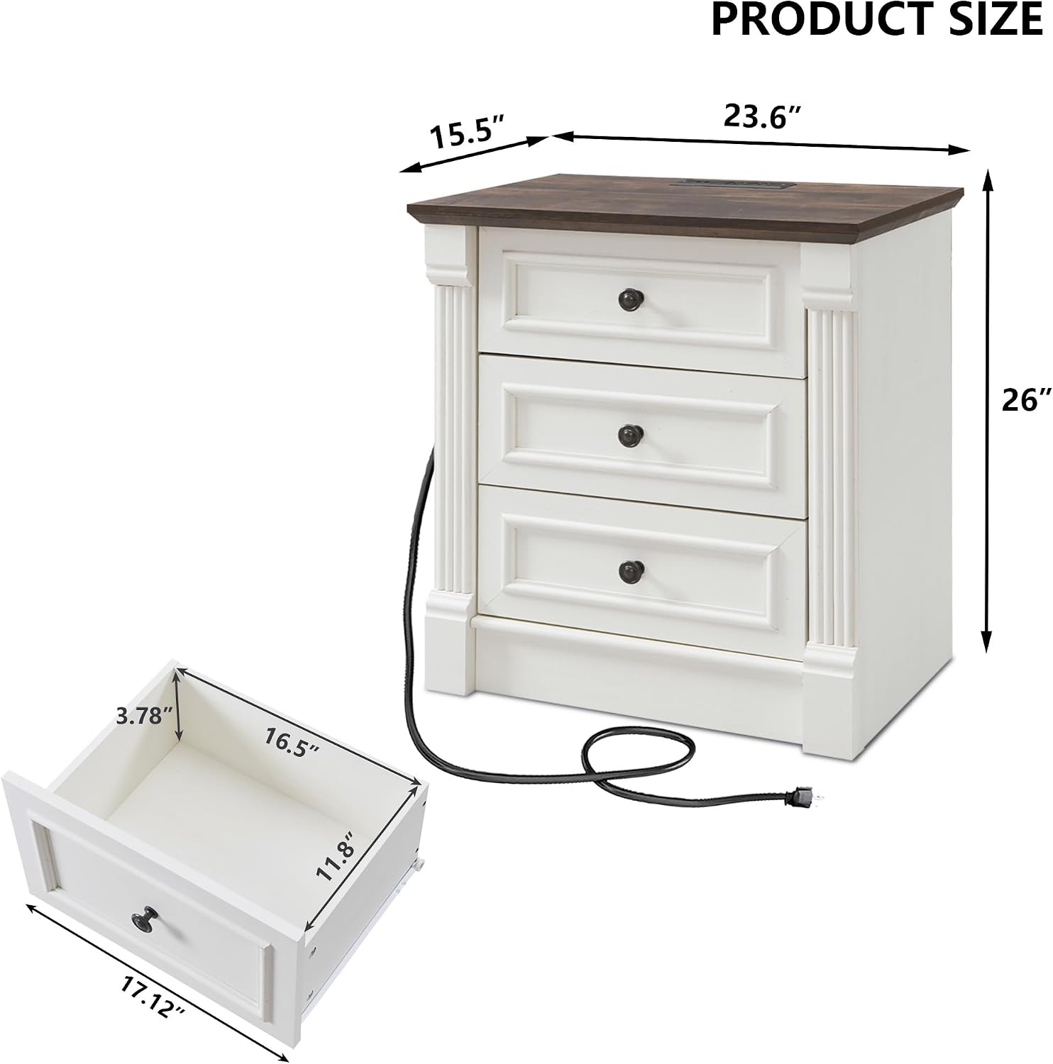 Aitjunz 26" Tall Farmhouse Nightstand Set of 2, 3 Drawers End Table w/Charging Station, 23.6" Wide Large Side Table w/Roman Column, Wood Rustic Sofa Table for Bedroom, Light Gray
