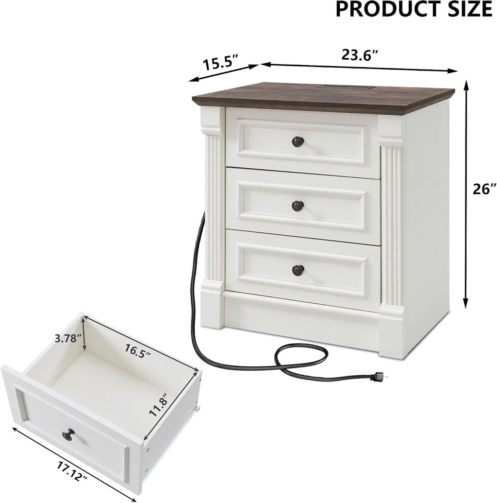 Aitjunz 26" Tall Farmhouse Nightstand Set of 2, 3 Drawers End Table w/Charging Station, 23.6" Wide Large Side Table w/Roman Column, Wood Rustic Sofa Table for Bedroom, Light Gray