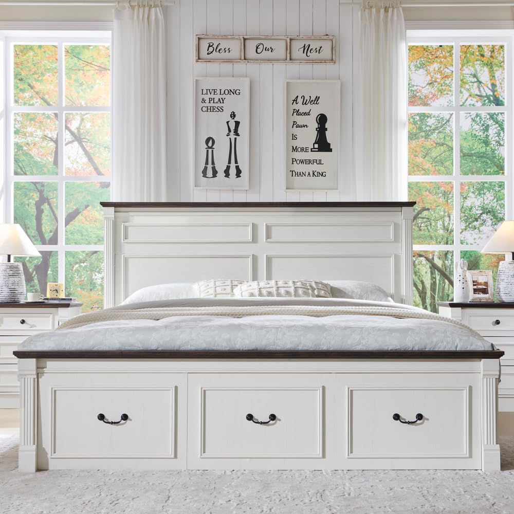 Aitjunz Farmhouse Queen Size Bed Frame with 51" Tall Headboard, Wood Platform Bed Frame with 20" Tall Roman Column Decoration Footboard & 2 Large Storage Drawers, No Box Spring Needed (Light Grey)