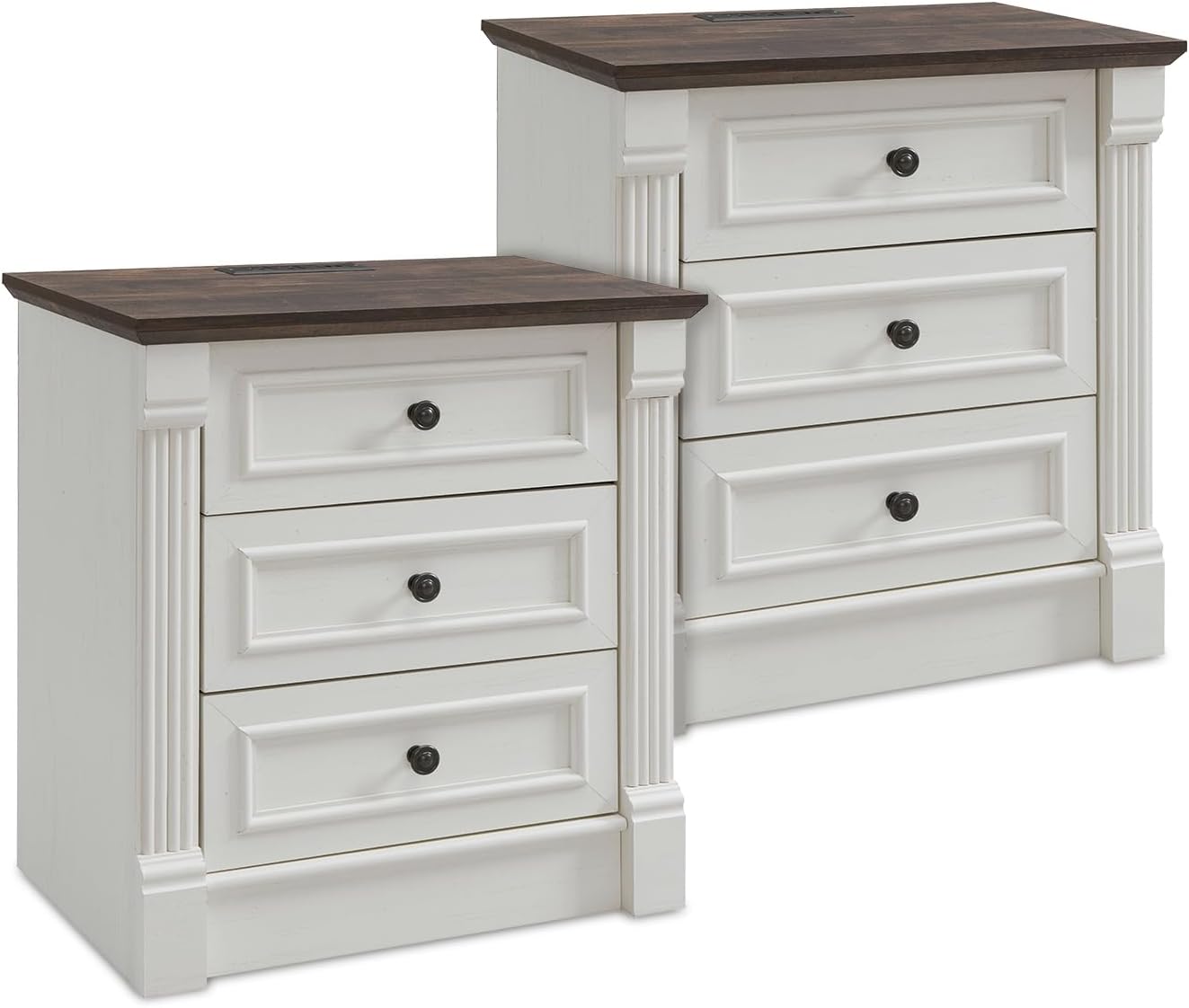 Aitjunz 26" Tall Farmhouse Nightstand Set of 2, 3 Drawers End Table w/Charging Station, 23.6" Wide Large Side Table w/Roman Column, Wood Rustic Sofa Table for Bedroom, Light Gray