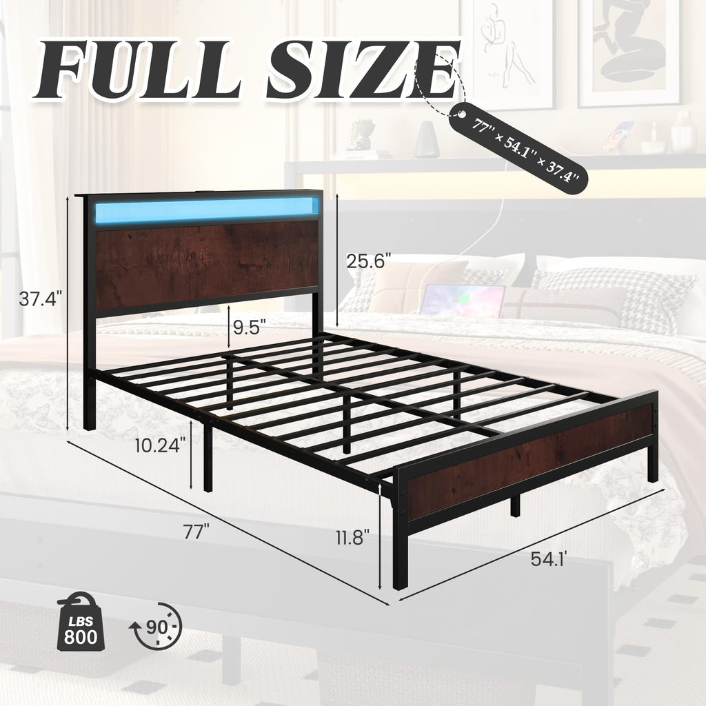 Fluest Queen Bed Frame with Headboard & Footboard, Bed Frame with Built-in Charging Station & LED Light, Storage Shelf, Noise-Free, No Box Spring Needed, Easy Assembly, Classic Black