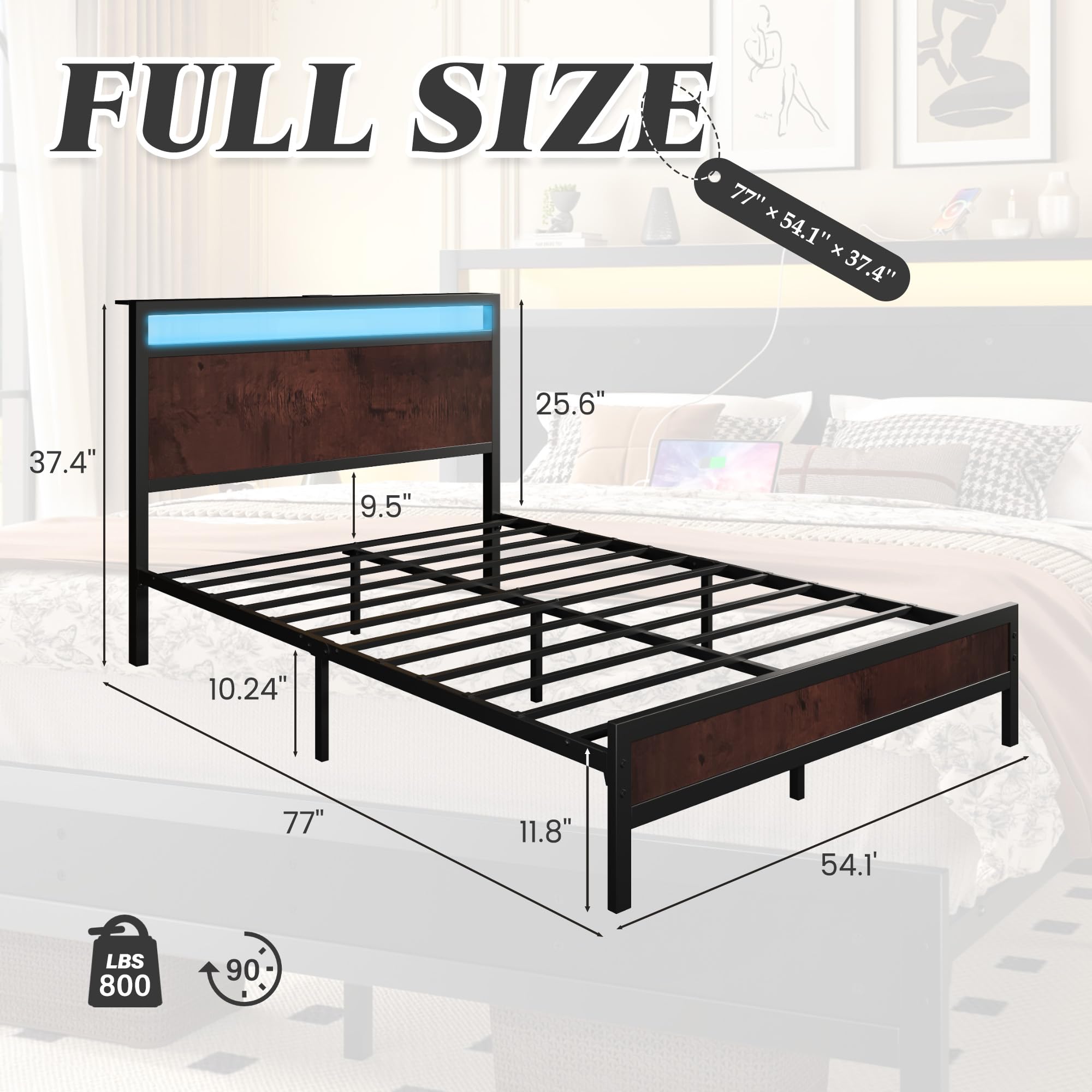 Fluest Queen Bed Frame with Headboard & Footboard, Bed Frame with Built-in Charging Station & LED Light, Storage Shelf, Noise-Free, No Box Spring Needed, Easy Assembly, Classic Black