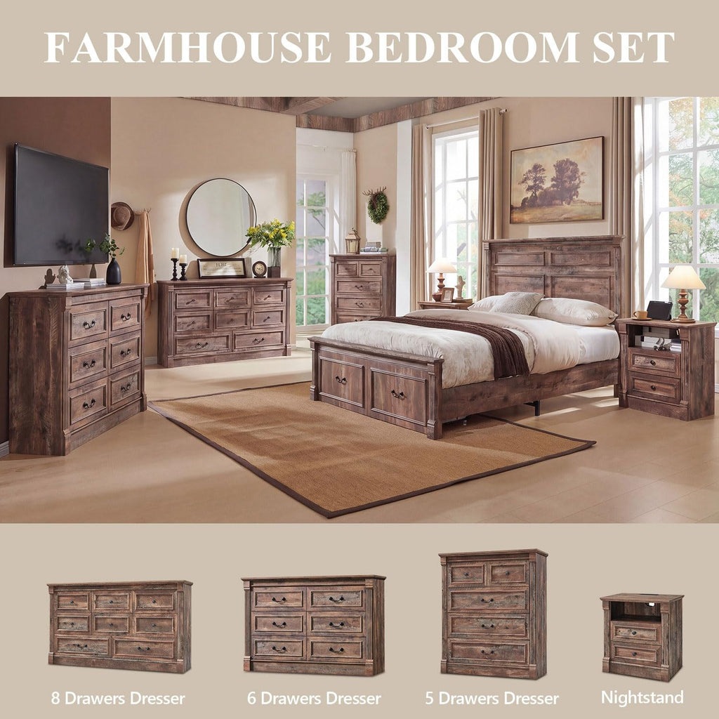 Aitjunz 5 Drawers Dresser for Bedroom, Farmhouse 46" Tall Dressers & Chests of Drawers w/Roman Column, Wood Rustic Closet Dresser w/Two Different Drawer Sizes for Bedroom, Living Room, Light Grey