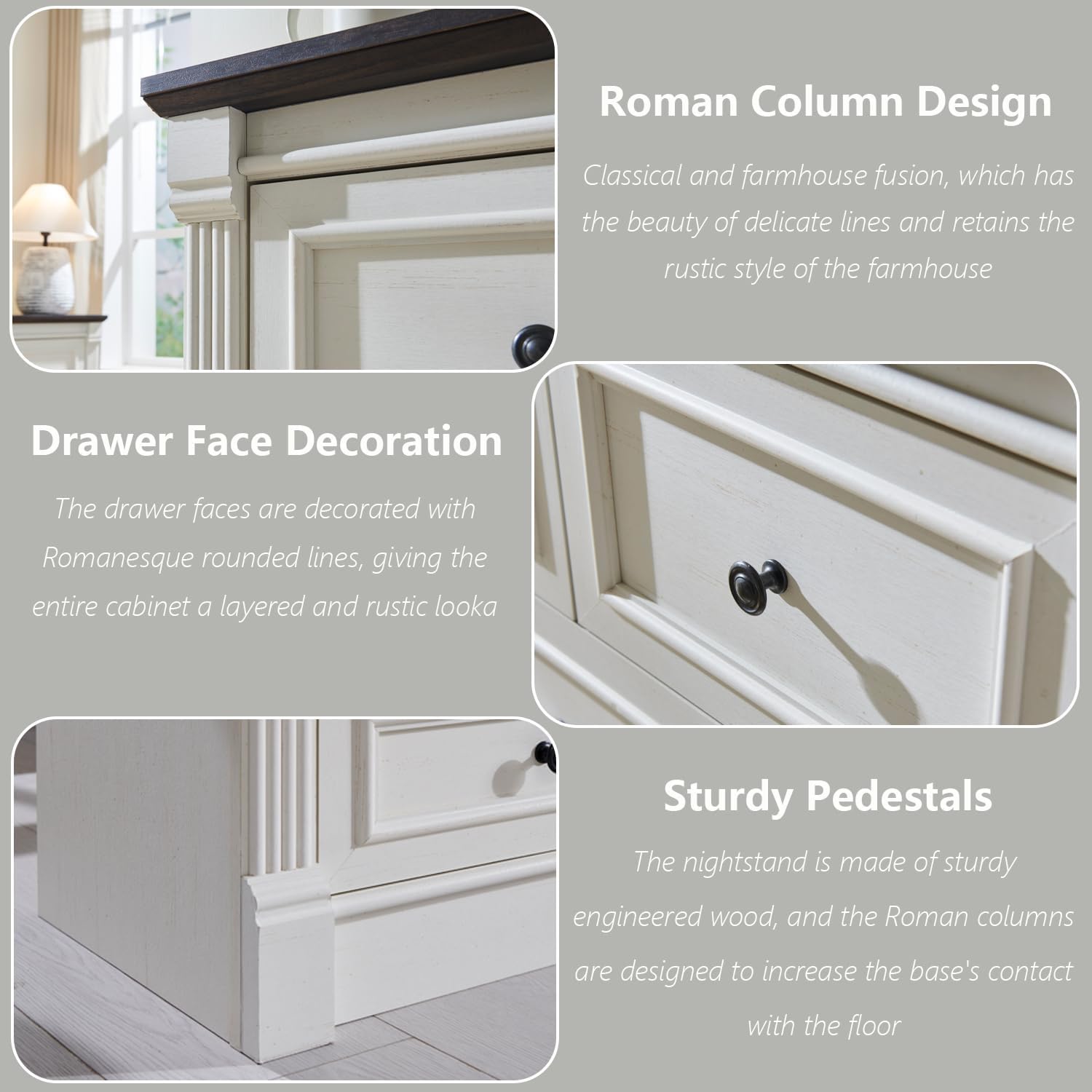 Aitjunz 5 Drawers Dresser for Bedroom, Farmhouse 46" Tall Dressers & Chests of Drawers w/Roman Column, Wood Rustic Closet Dresser w/Two Different Drawer Sizes for Bedroom, Living Room, Light Grey