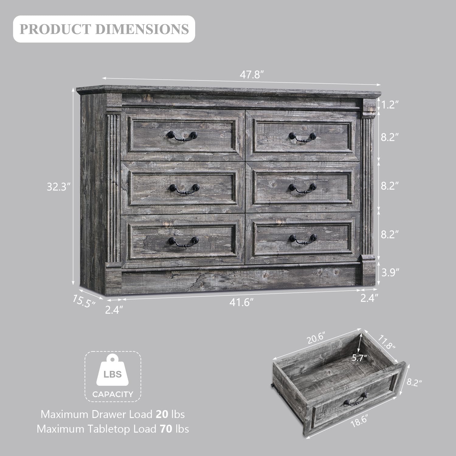 Aitjunz 5 Drawers Dresser for Bedroom, Farmhouse 46" Tall Dressers & Chests of Drawers w/Roman Column, Wood Rustic Closet Dresser w/Two Different Drawer Sizes for Bedroom, Living Room, Light Grey