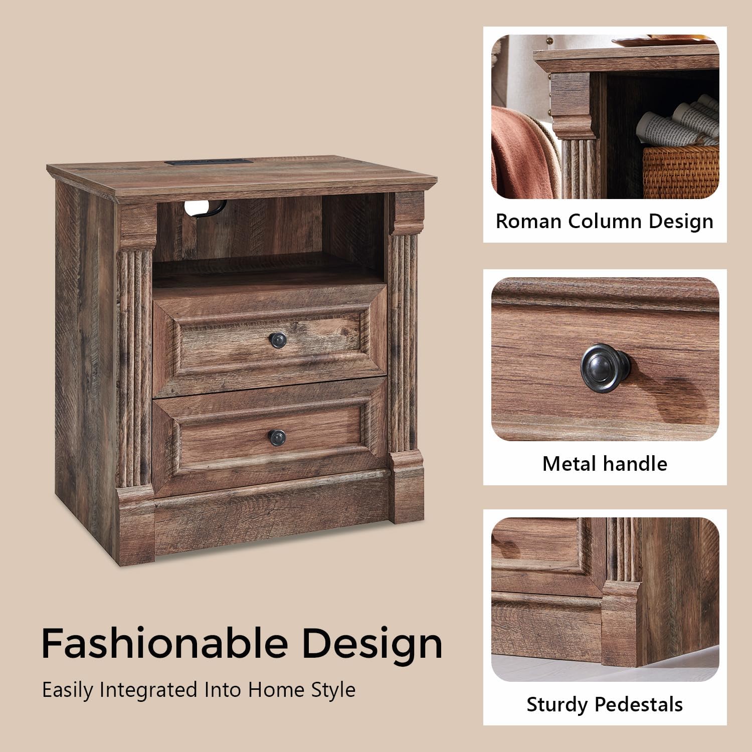 Aitjunz 26" Tall Farmhouse Nightstand Set of 2, 3 Drawers End Table w/Charging Station, 23.6" Wide Large Side Table w/Roman Column, Wood Rustic Sofa Table for Bedroom, Light Gray