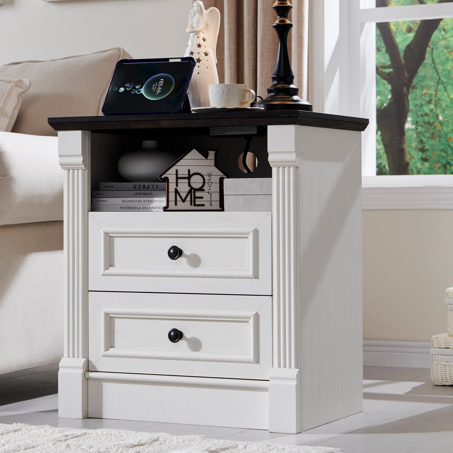 Aitjunz 5 Drawers Dresser for Bedroom, Farmhouse 46" Tall Dressers & Chests of Drawers w/Roman Column, Wood Rustic Closet Dresser w/Two Different Drawer Sizes for Bedroom, Living Room, Light Grey