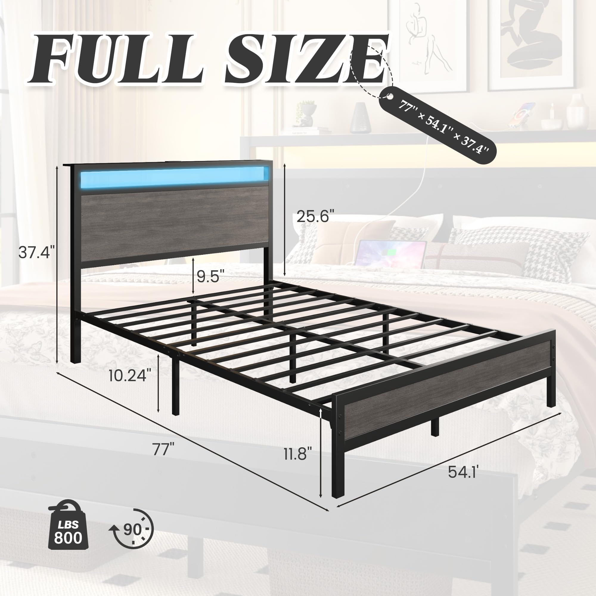 Fluest Queen Bed Frame with Headboard & Footboard, Bed Frame with Built-in Charging Station & LED Light, Storage Shelf, Noise-Free, No Box Spring Needed, Easy Assembly, Classic Black