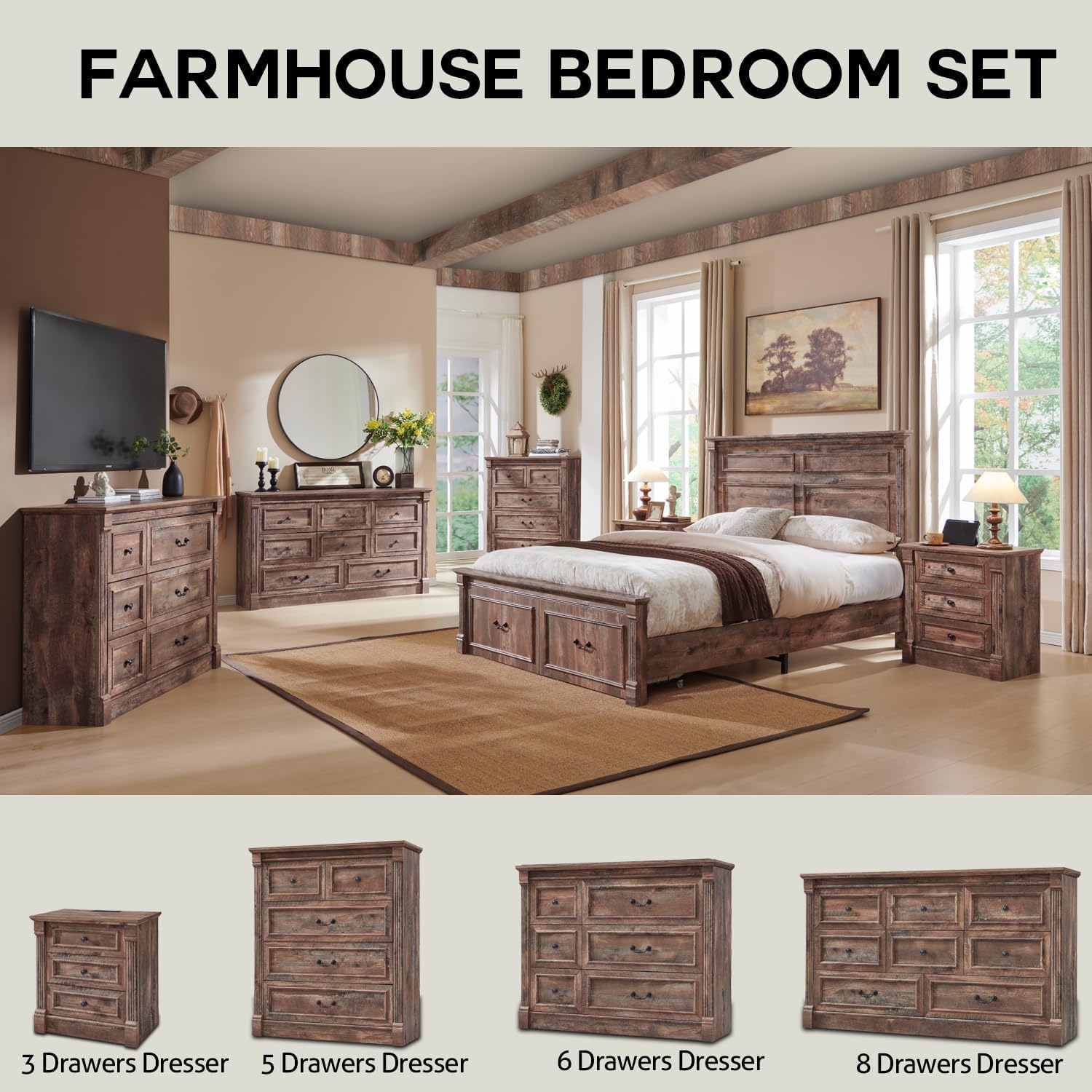 Aitjunz 5 Drawers Dresser for Bedroom, Farmhouse 46" Tall Dressers & Chests of Drawers w/Roman Column, Wood Rustic Closet Dresser w/Two Different Drawer Sizes for Bedroom, Living Room, Light Grey