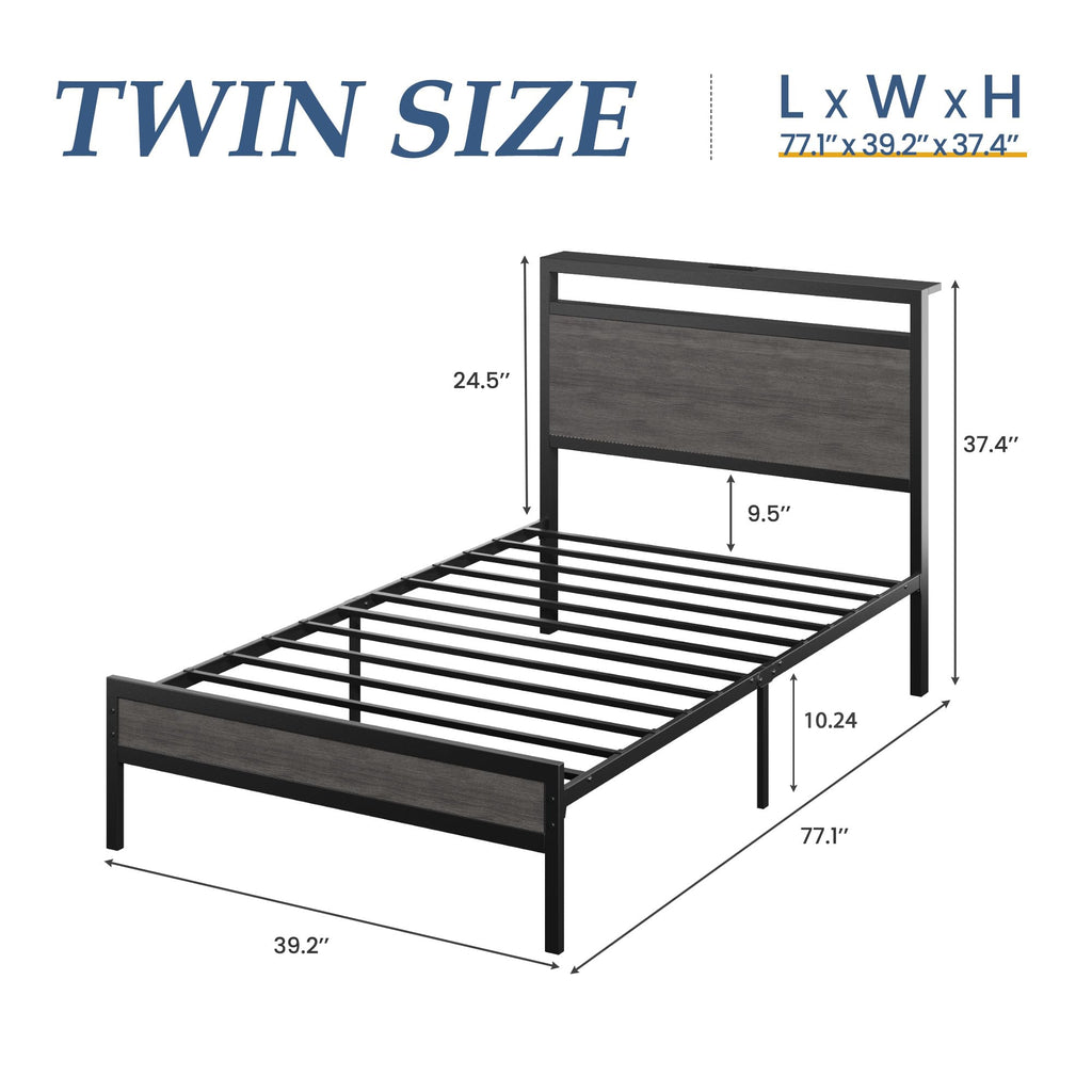 Fluest Queen Bed Frame with Headboard & Footboard, Bed Frame with Built-in Charging Station & LED Light, Storage Shelf, Noise-Free, No Box Spring Needed, Easy Assembly, Classic Black