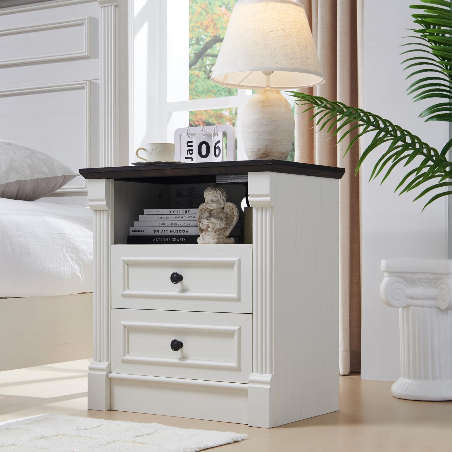 Aitjunz 26" Tall Farmhouse Nightstand Set of 2, 3 Drawers End Table w/Charging Station, 23.6" Wide Large Side Table w/Roman Column, Wood Rustic Sofa Table for Bedroom, Light Gray