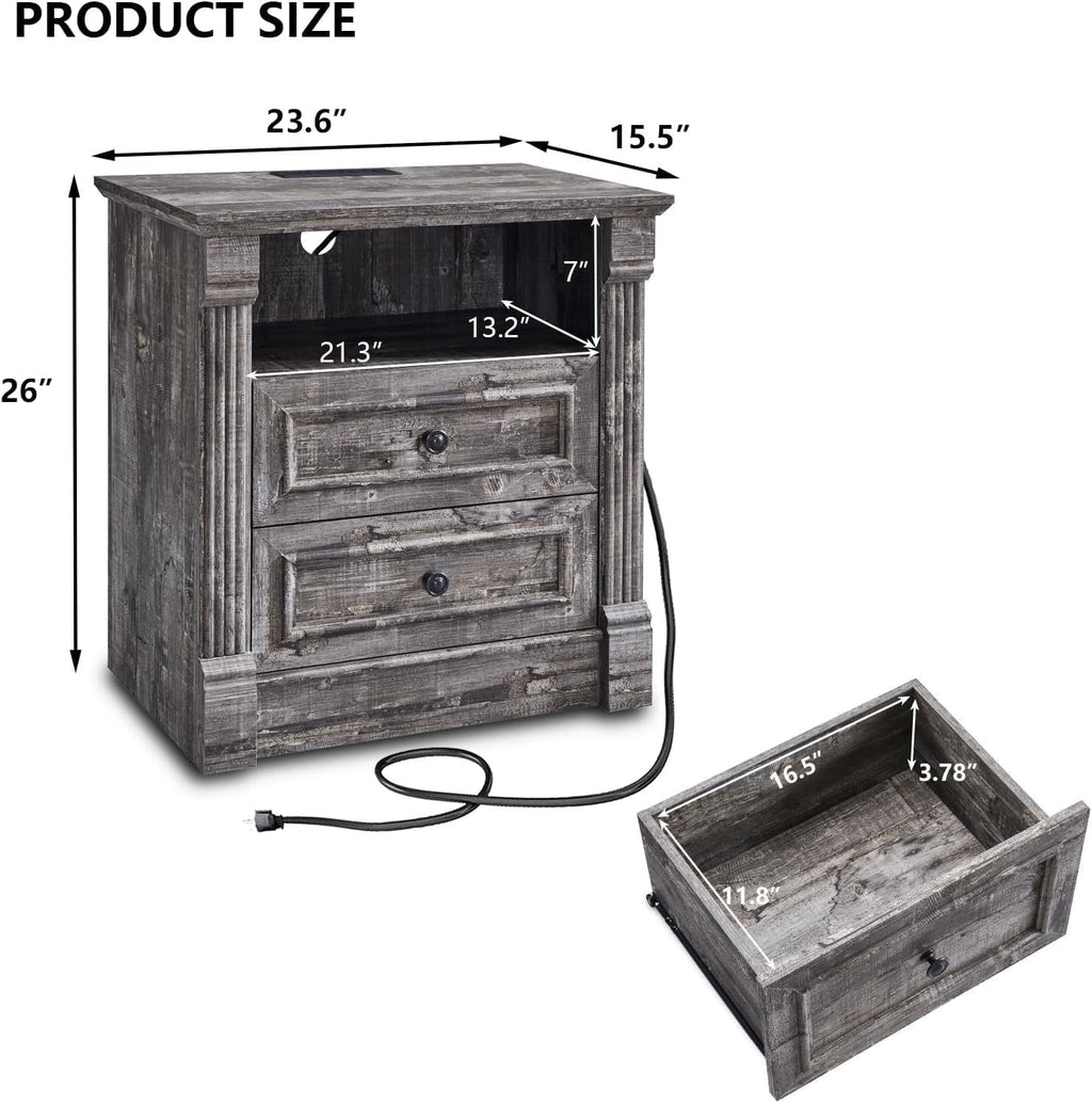 Aitjunz 26" Tall Farmhouse Nightstand Set of 2, 3 Drawers End Table w/Charging Station, 23.6" Wide Large Side Table w/Roman Column, Wood Rustic Sofa Table for Bedroom, Light Gray