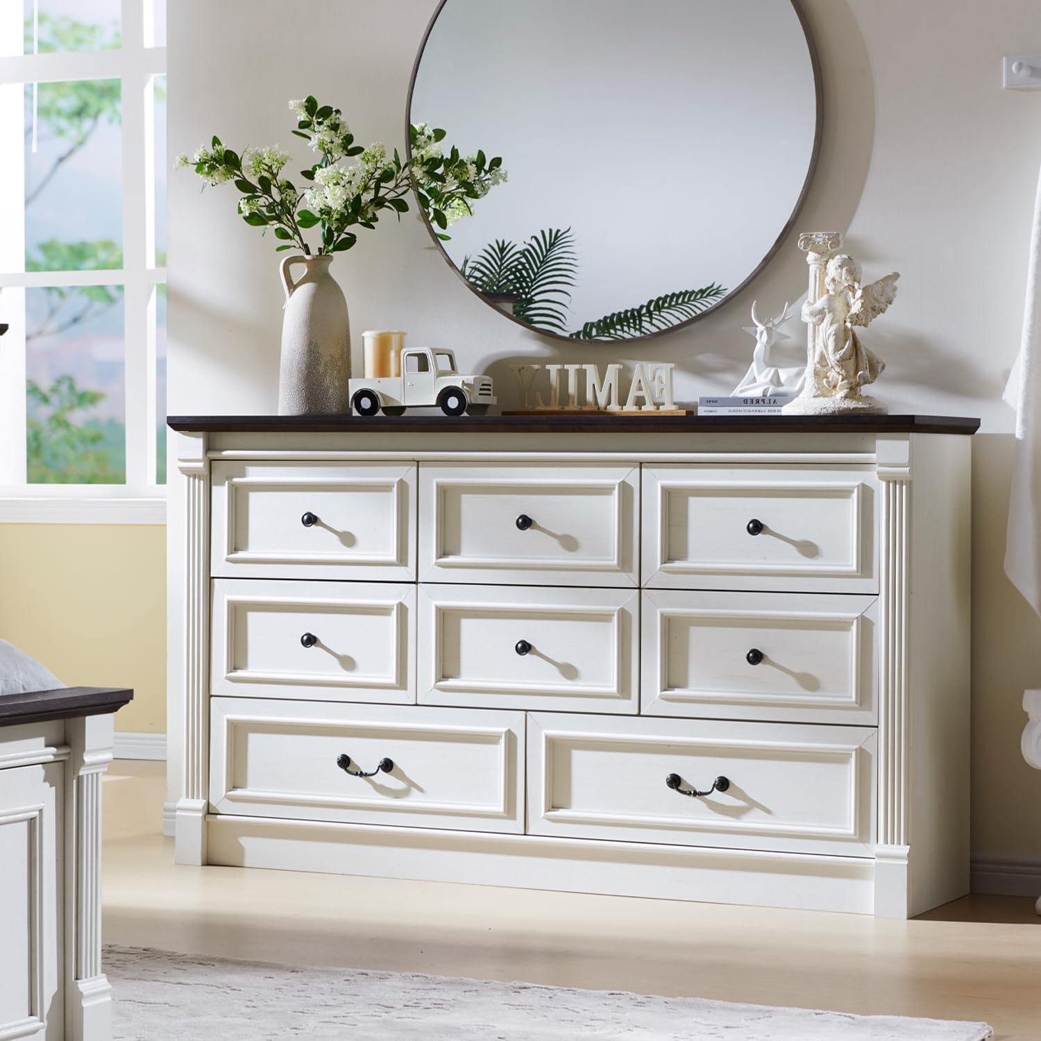 Aitjunz 5 Drawers Dresser for Bedroom, Farmhouse 46" Tall Dressers & Chests of Drawers w/Roman Column, Wood Rustic Closet Dresser w/Two Different Drawer Sizes for Bedroom, Living Room, Light Grey