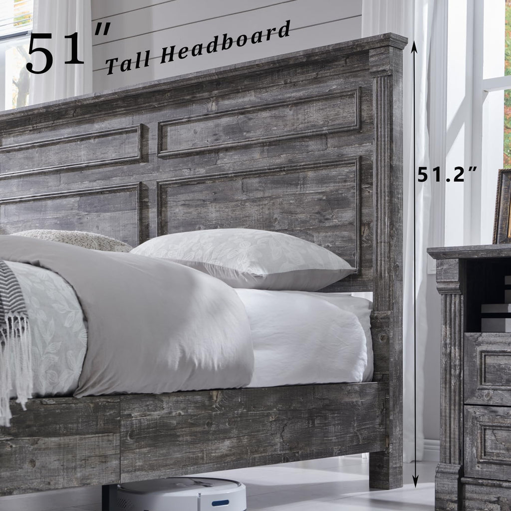 Aitjunz Farmhouse Queen Size Bed Frame with 51" Tall Headboard, Wood Platform Bed Frame with 20" Tall Roman Column Decoration Footboard & 2 Large Storage Drawers, No Box Spring Needed (Light Grey)