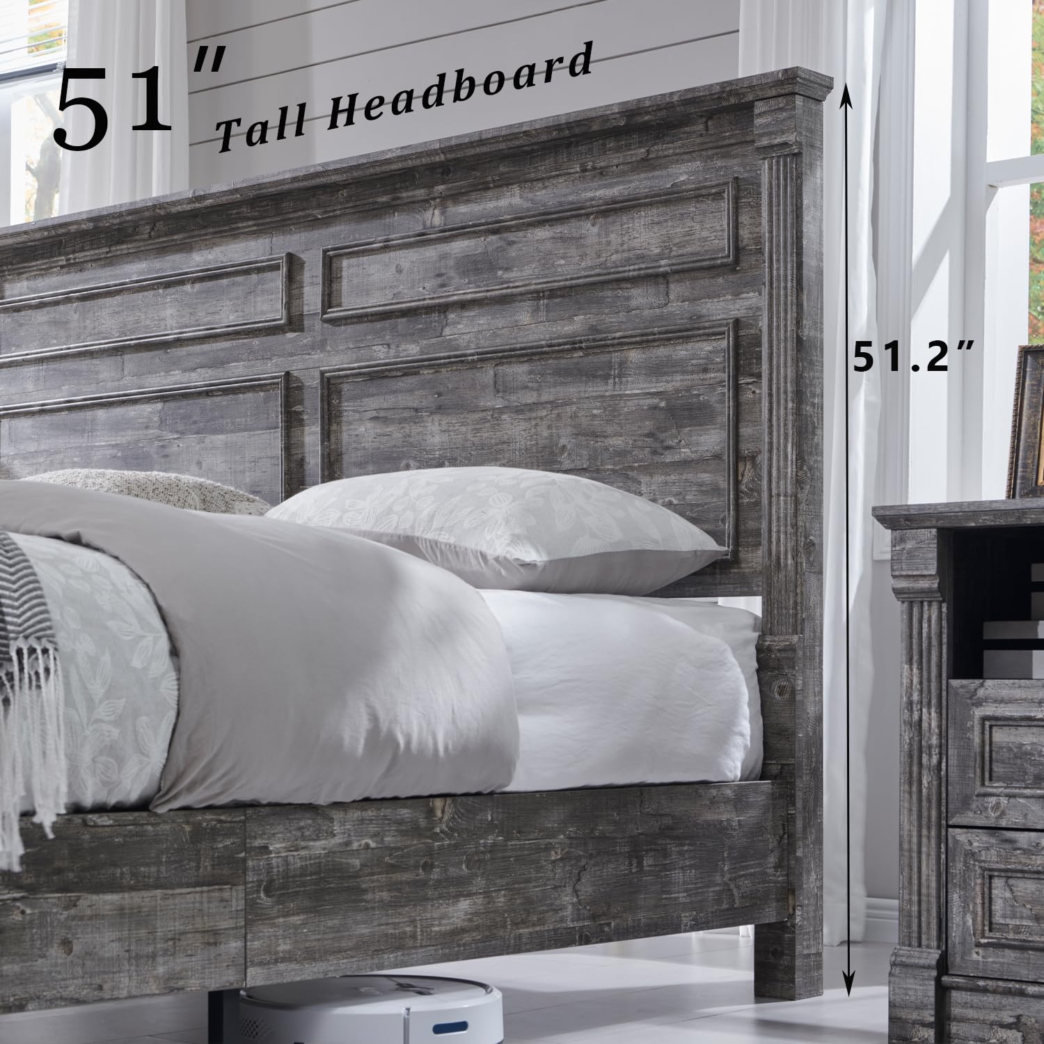 Aitjunz Farmhouse Queen Size Bed Frame with 51" Tall Headboard, Wood Platform Bed Frame with 20" Tall Roman Column Decoration Footboard & 2 Large Storage Drawers, No Box Spring Needed (Light Grey)
