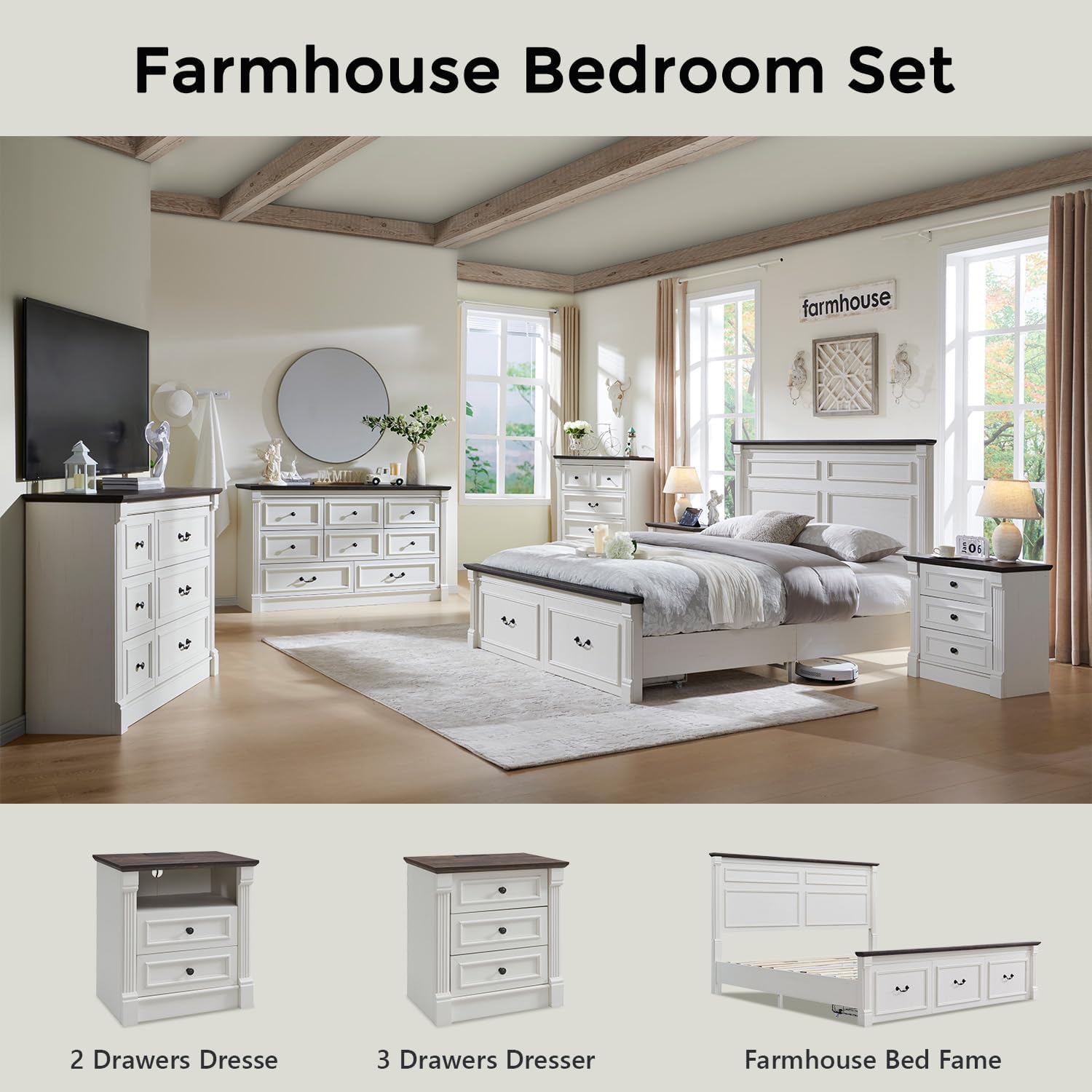 Aitjunz 26" Tall Farmhouse Nightstand Set of 2, 3 Drawers End Table w/Charging Station, 23.6" Wide Large Side Table w/Roman Column, Wood Rustic Sofa Table for Bedroom, Light Gray