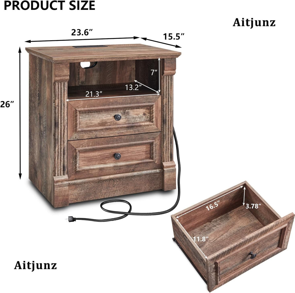 Aitjunz 26" Tall Farmhouse Nightstand Set of 2, 3 Drawers End Table w/Charging Station, 23.6" Wide Large Side Table w/Roman Column, Wood Rustic Sofa Table for Bedroom, Light Gray