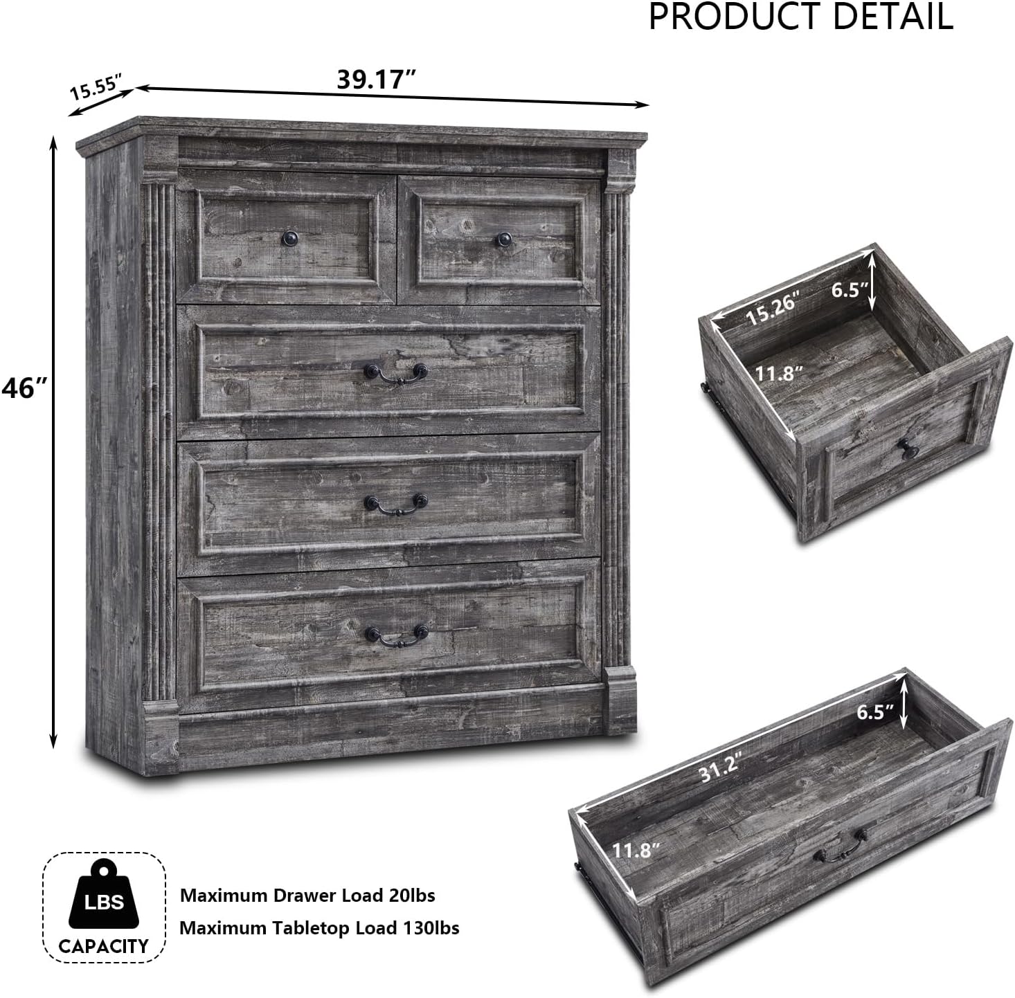 Aitjunz 5 Drawers Dresser for Bedroom, Farmhouse 46" Tall Dressers & Chests of Drawers w/Roman Column, Wood Rustic Closet Dresser w/Two Different Drawer Sizes for Bedroom, Living Room, Light Grey