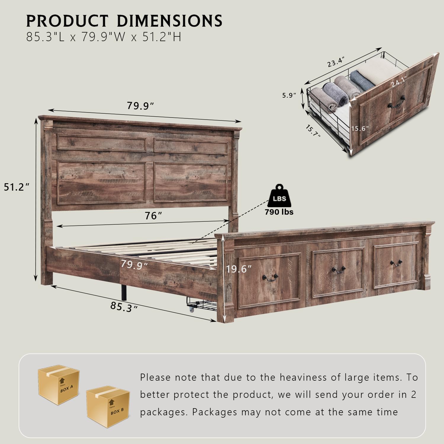 Aitjunz Farmhouse Queen Size Bed Frame with 51" Tall Headboard, Wood Platform Bed Frame with 20" Tall Roman Column Decoration Footboard & 2 Large Storage Drawers, No Box Spring Needed (Light Grey)