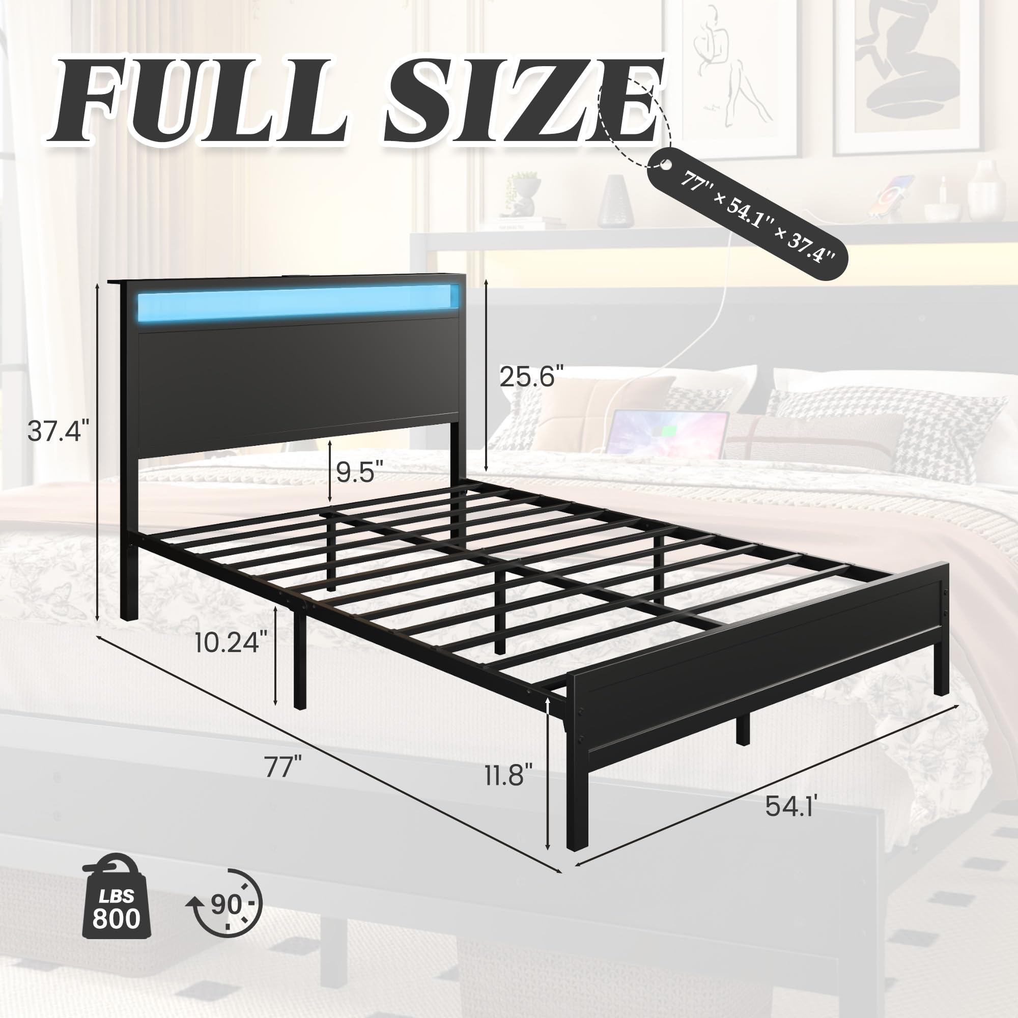 Fluest Queen Bed Frame with Headboard & Footboard, Bed Frame with Built-in Charging Station & LED Light, Storage Shelf, Noise-Free, No Box Spring Needed, Easy Assembly, Classic Black