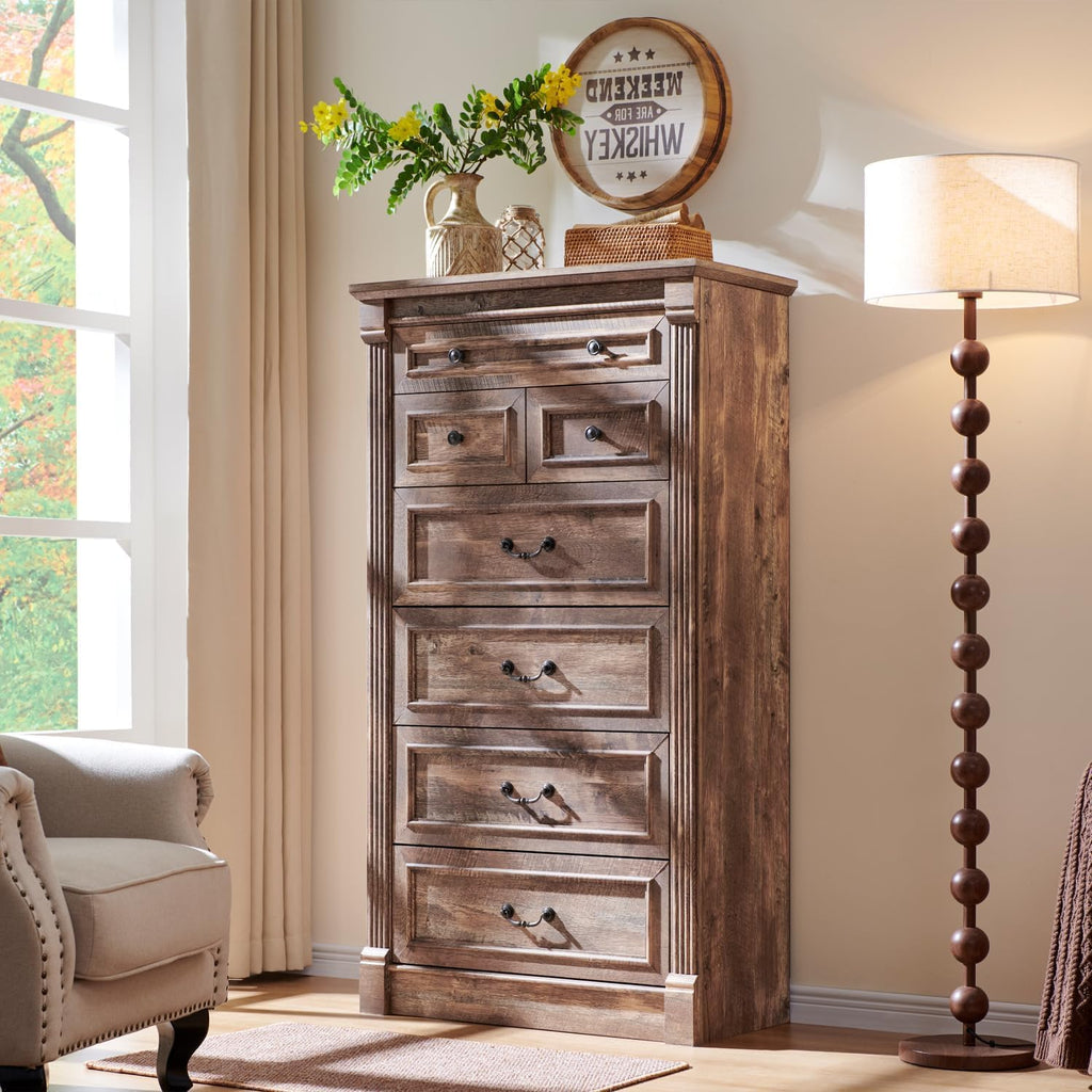 Aitjunz 5 Drawers Dresser for Bedroom, Farmhouse 46" Tall Dressers & Chests of Drawers w/Roman Column, Wood Rustic Closet Dresser w/Two Different Drawer Sizes for Bedroom, Living Room, Light Grey