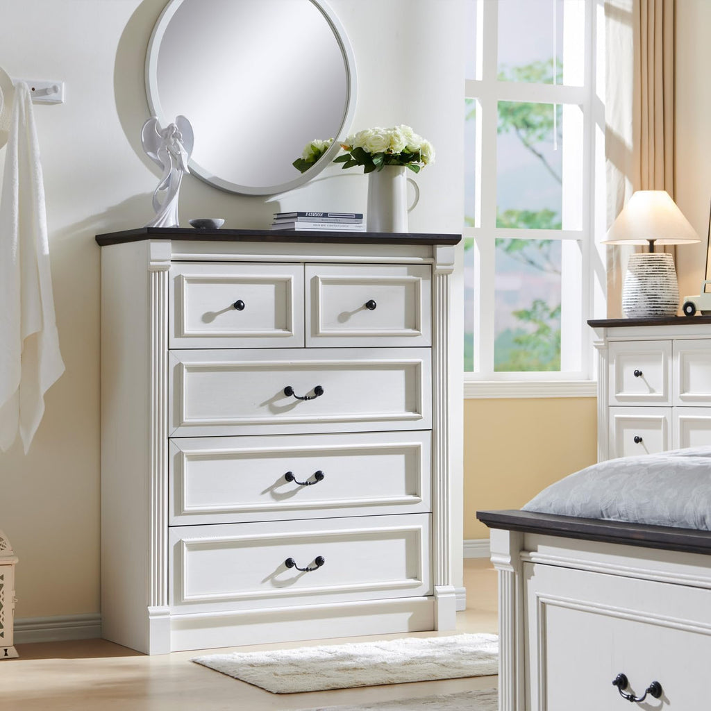 Aitjunz 5 Drawers Dresser for Bedroom, Farmhouse 46" Tall Dressers & Chests of Drawers w/Roman Column, Wood Rustic Closet Dresser w/Two Different Drawer Sizes for Bedroom, Living Room, Light Grey