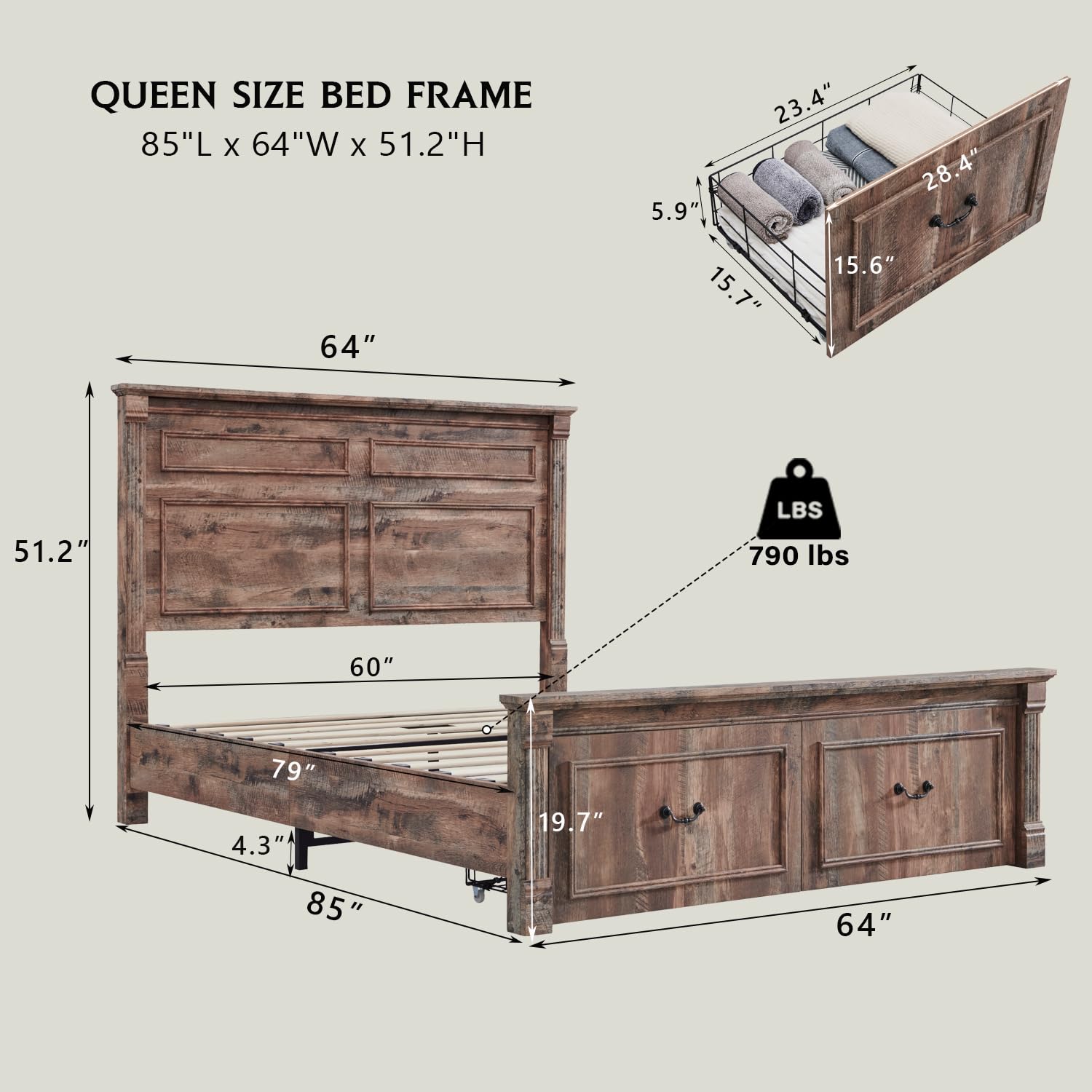 Aitjunz Farmhouse Queen Size Bed Frame with 51" Tall Headboard, Wood Platform Bed Frame with 20" Tall Roman Column Decoration Footboard & 2 Large Storage Drawers, No Box Spring Needed (Light Grey)