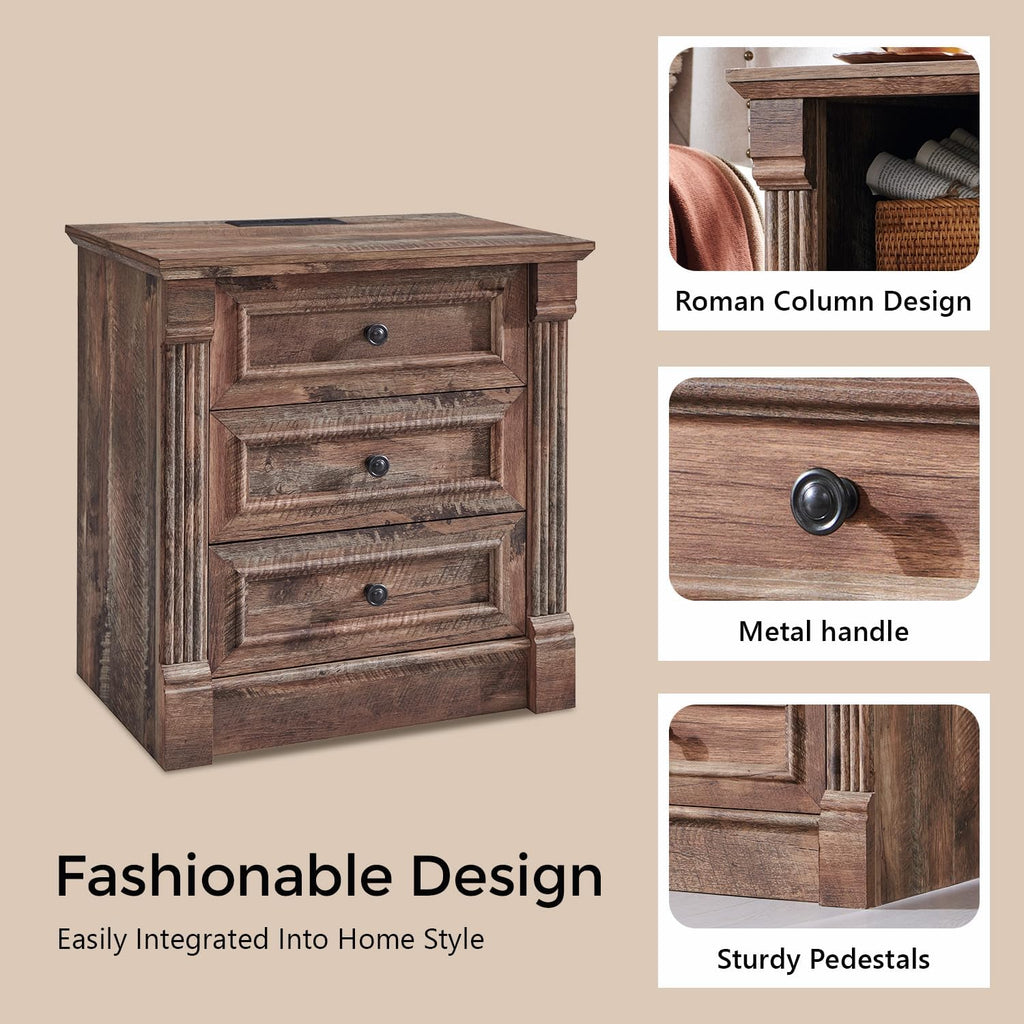 Aitjunz 26" Tall Farmhouse Nightstand Set of 2, 3 Drawers End Table w/Charging Station, 23.6" Wide Large Side Table w/Roman Column, Wood Rustic Sofa Table for Bedroom, Light Gray