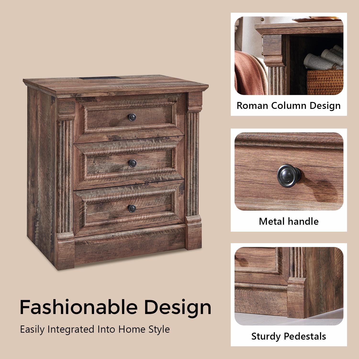 Aitjunz 26" Tall Farmhouse Nightstand Set of 2, 3 Drawers End Table w/Charging Station, 23.6" Wide Large Side Table w/Roman Column, Wood Rustic Sofa Table for Bedroom, Light Gray