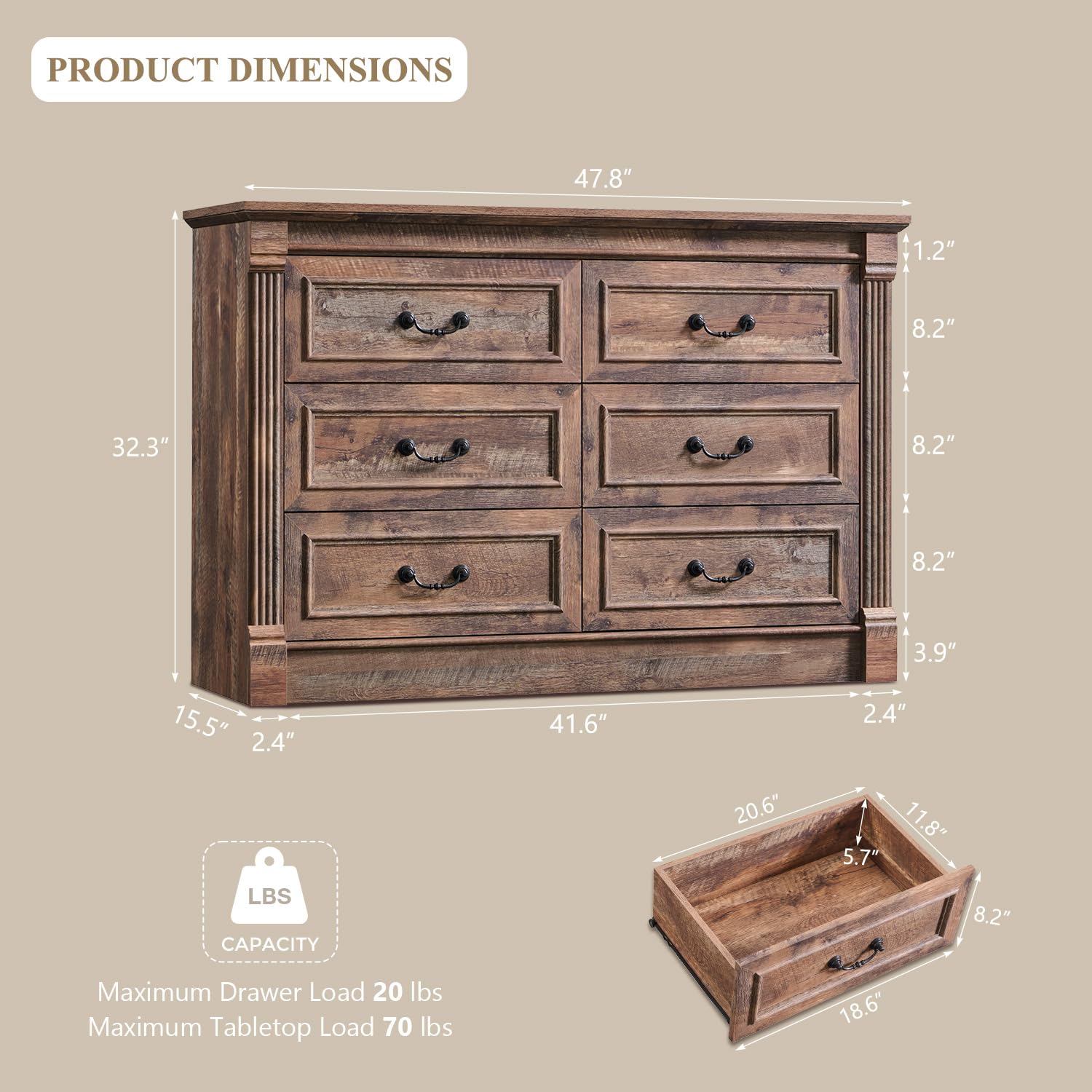 Aitjunz 5 Drawers Dresser for Bedroom, Farmhouse 46" Tall Dressers & Chests of Drawers w/Roman Column, Wood Rustic Closet Dresser w/Two Different Drawer Sizes for Bedroom, Living Room, Light Grey