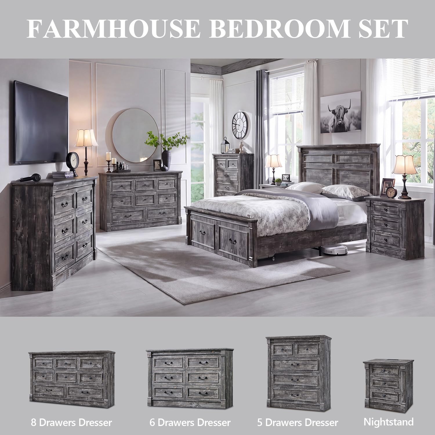 Aitjunz 5 Drawers Dresser for Bedroom, Farmhouse 46" Tall Dressers & Chests of Drawers w/Roman Column, Wood Rustic Closet Dresser w/Two Different Drawer Sizes for Bedroom, Living Room, Light Grey