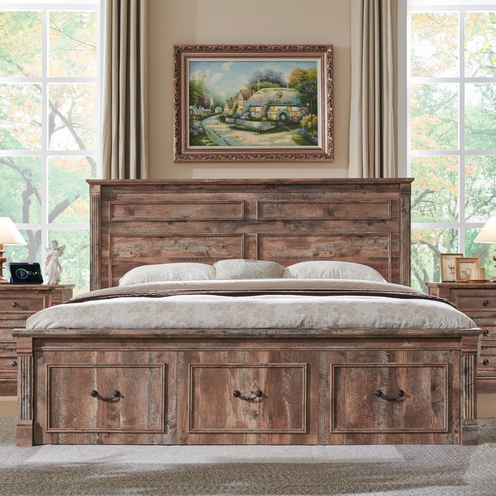 Aitjunz Farmhouse Queen Size Bed Frame with 51" Tall Headboard, Wood Platform Bed Frame with 20" Tall Roman Column Decoration Footboard & 2 Large Storage Drawers, No Box Spring Needed (Light Grey)