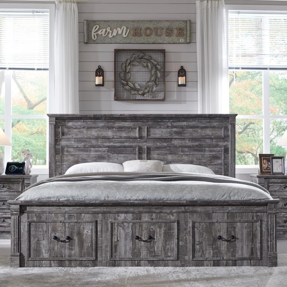 Aitjunz Farmhouse Queen Size Bed Frame with 51" Tall Headboard, Wood Platform Bed Frame with 20" Tall Roman Column Decoration Footboard & 2 Large Storage Drawers, No Box Spring Needed (Light Grey)