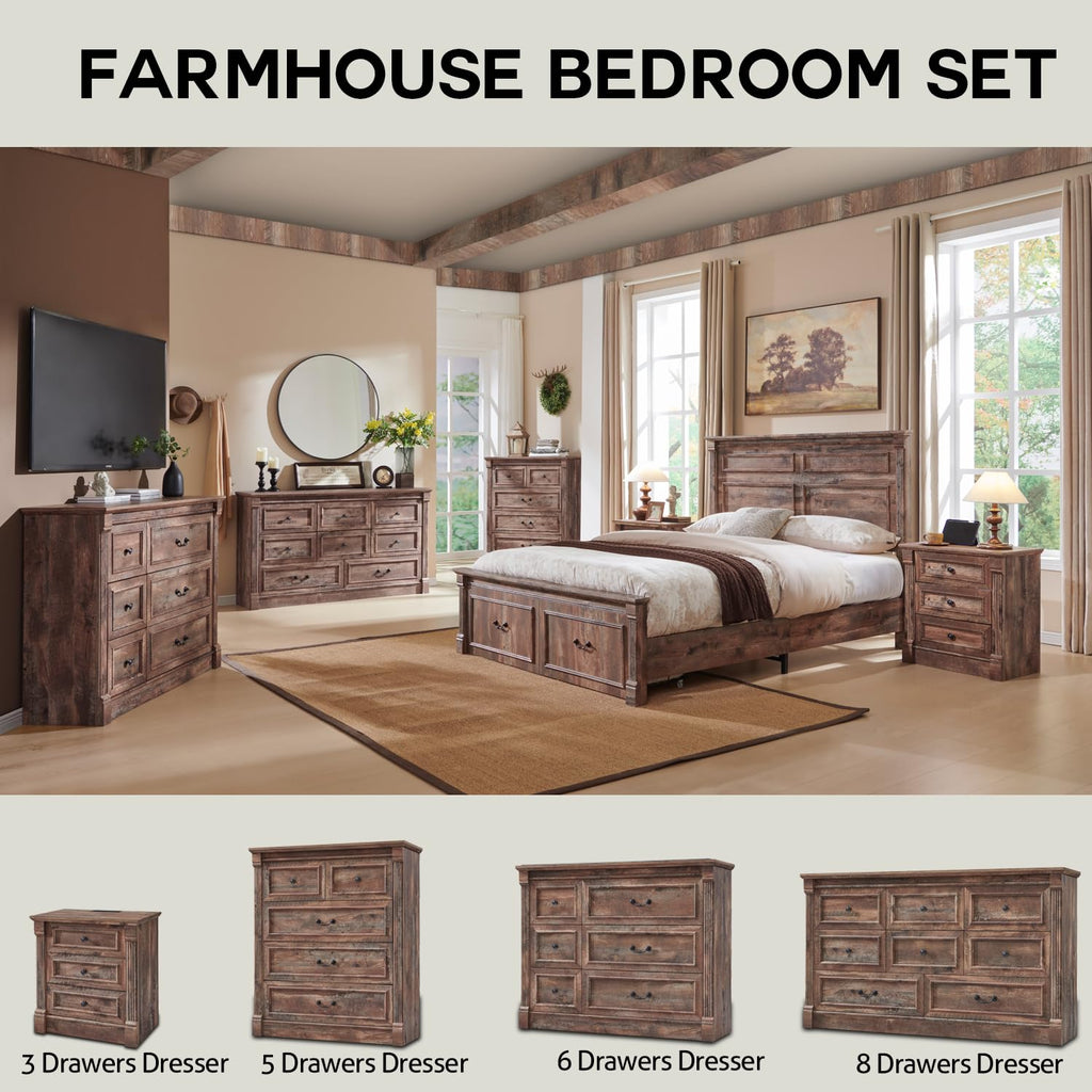 Aitjunz Farmhouse Queen Size Bed Frame with 51" Tall Headboard, Wood Platform Bed Frame with 20" Tall Roman Column Decoration Footboard & 2 Large Storage Drawers, No Box Spring Needed (Light Grey)