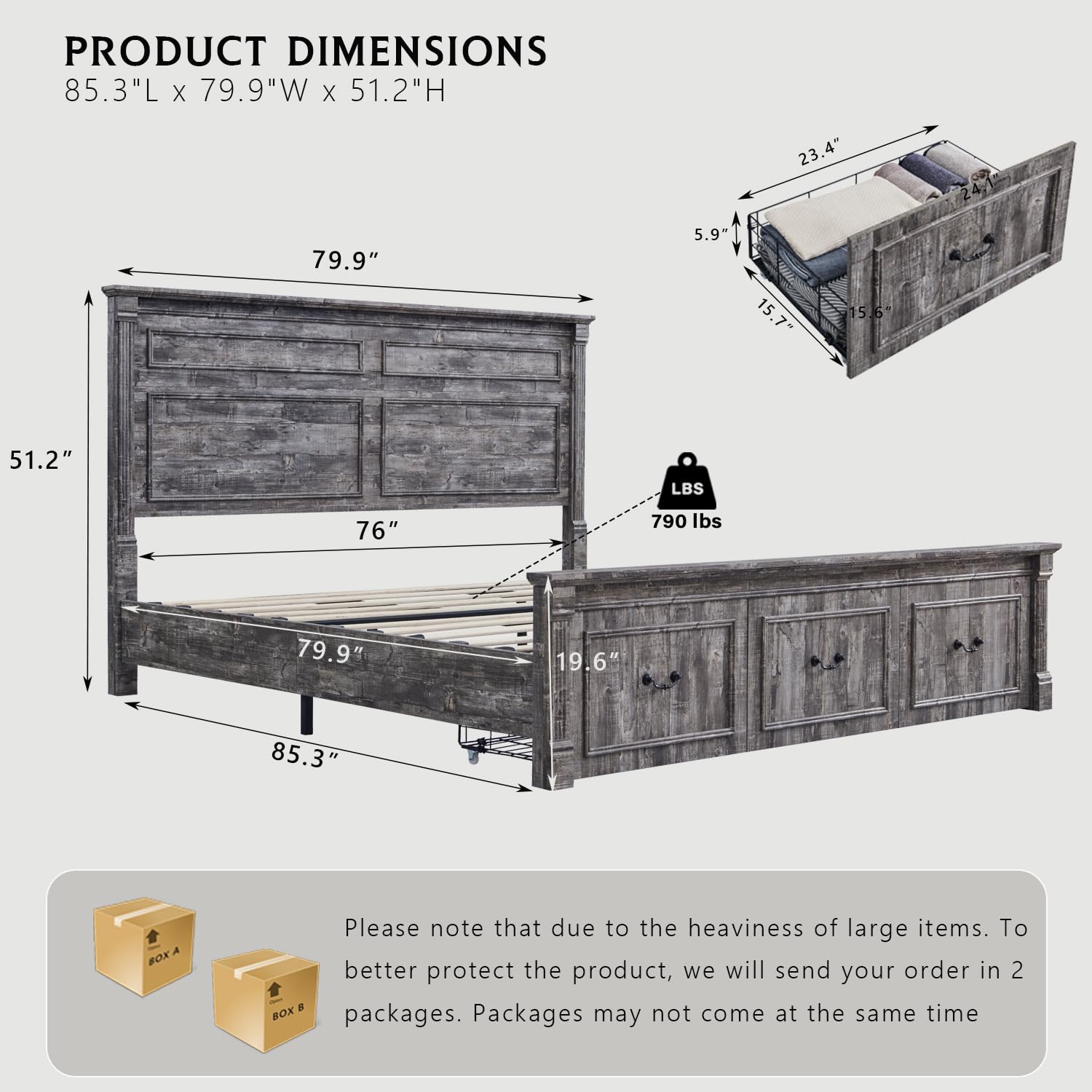 Aitjunz Farmhouse Queen Size Bed Frame with 51" Tall Headboard, Wood Platform Bed Frame with 20" Tall Roman Column Decoration Footboard & 2 Large Storage Drawers, No Box Spring Needed (Light Grey)