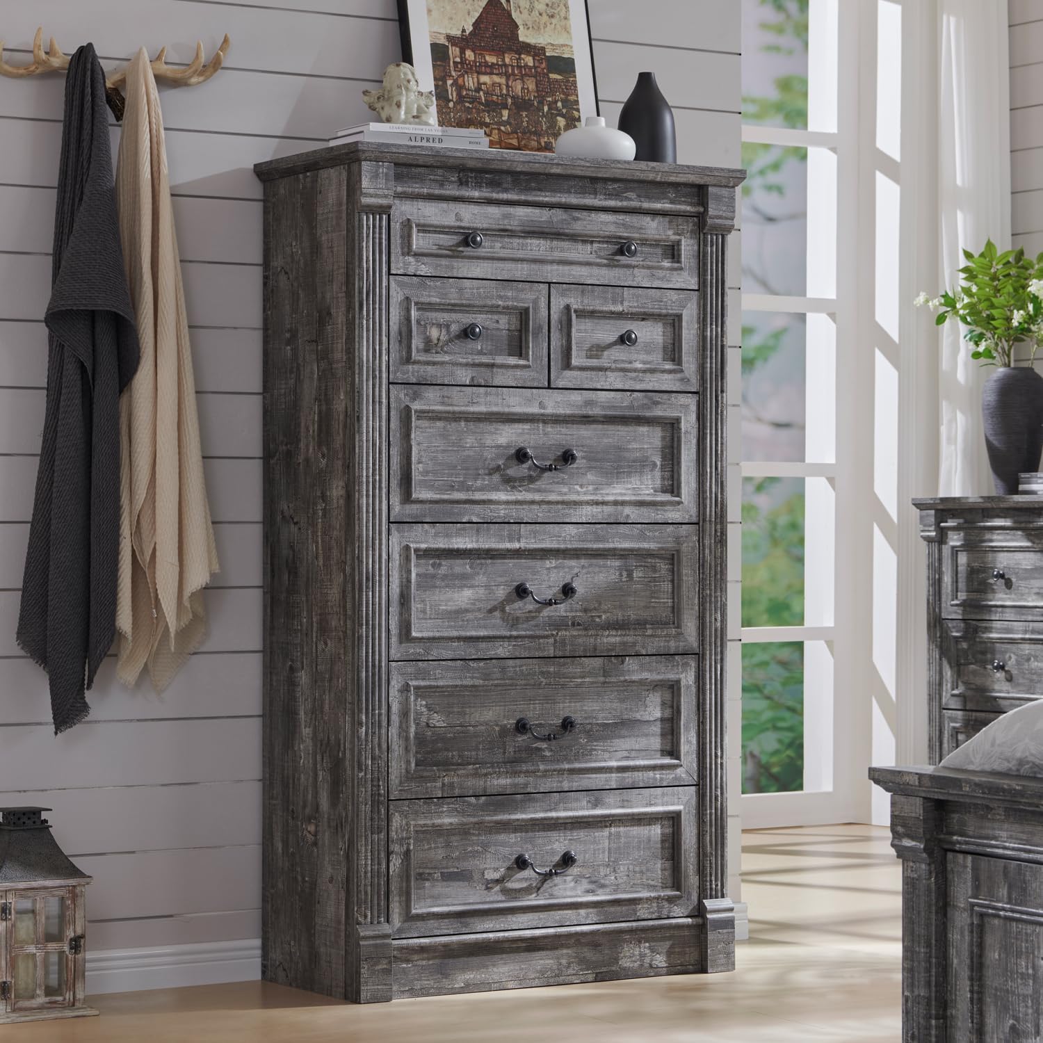 Aitjunz 5 Drawers Dresser for Bedroom, Farmhouse 46" Tall Dressers & Chests of Drawers w/Roman Column, Wood Rustic Closet Dresser w/Two Different Drawer Sizes for Bedroom, Living Room, Light Grey